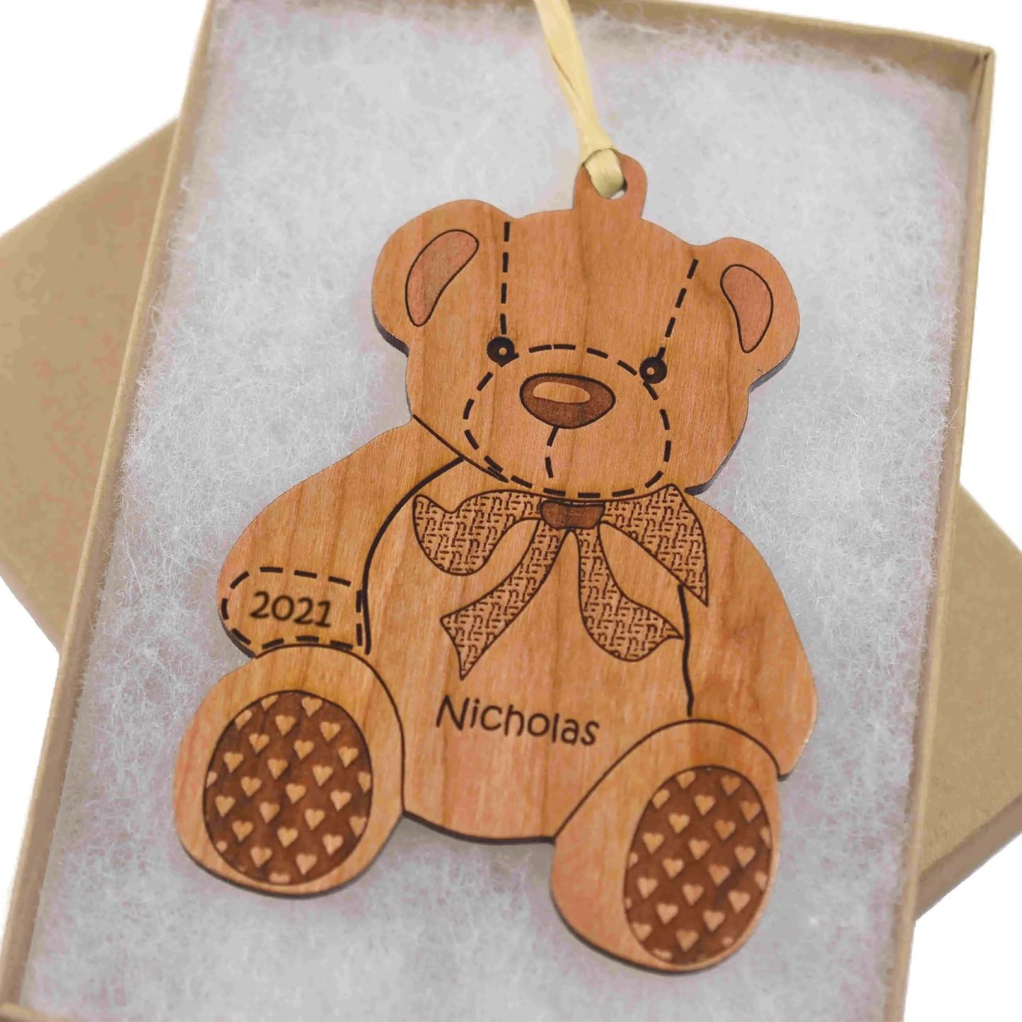 Christmas Tree Ornament - Wooden Teddy Bear Ornament - Solid Wood - Personalized