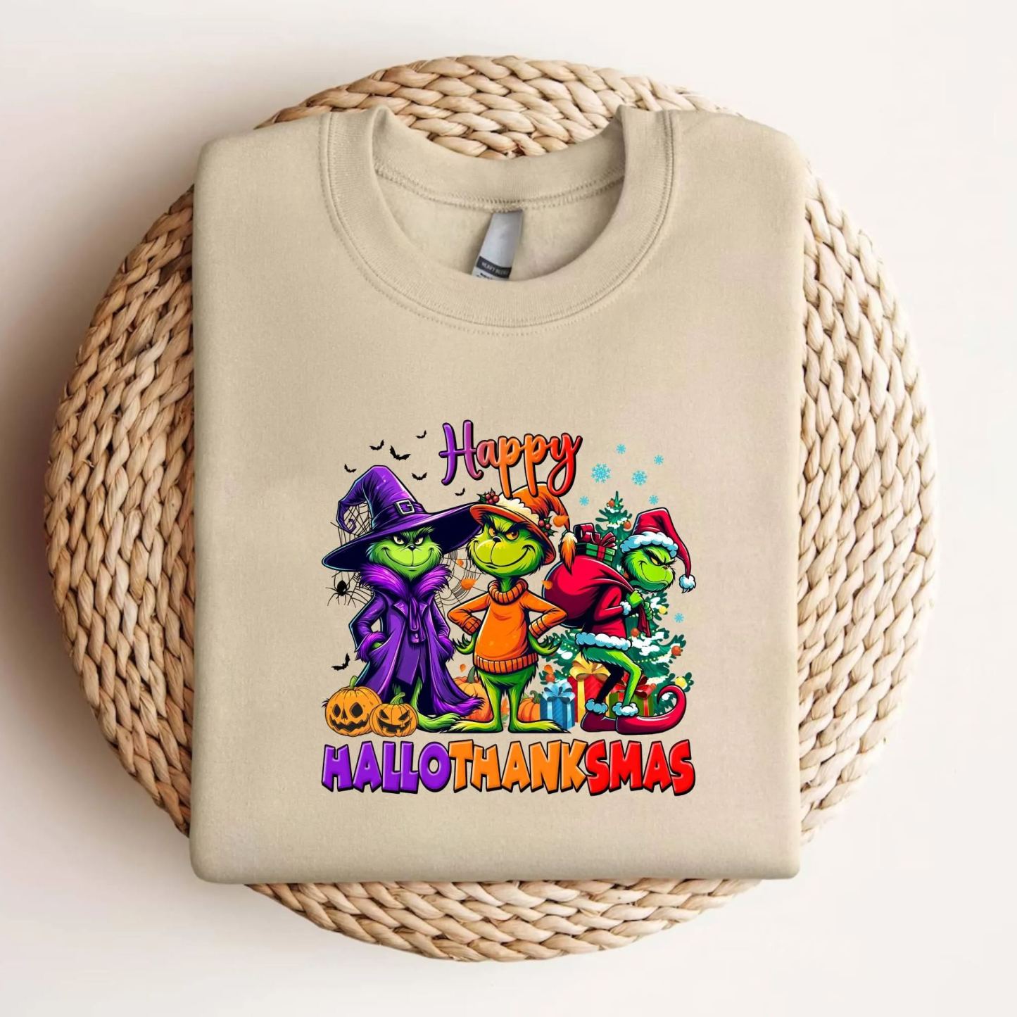 Happy HalloThanksMas Grumbly Green Sweatshirt