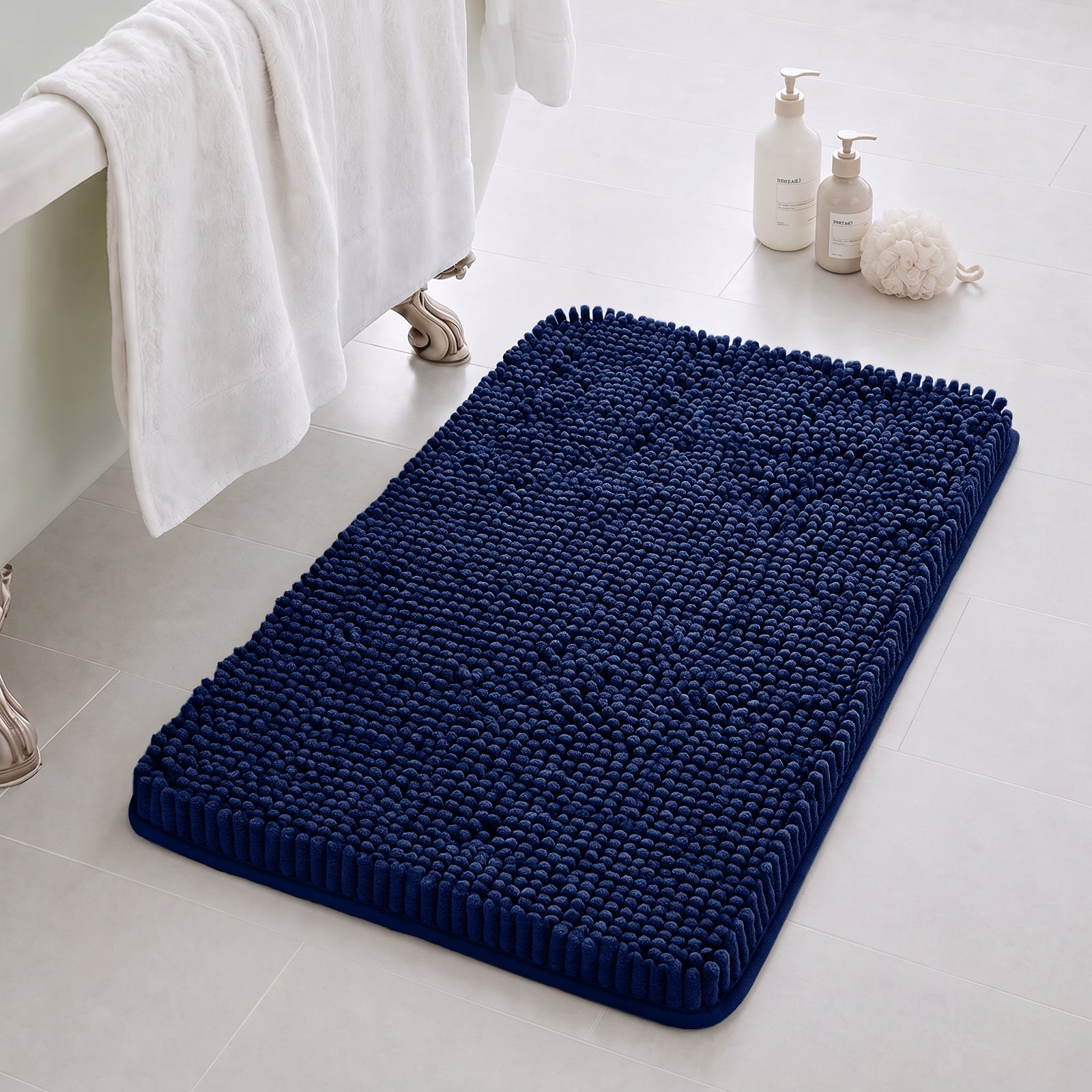 Sasttie Chenille Bathroom Rugs, Quick Dry Washable Bath Mats with Rubber Backing - 20" x 32" / Navy / 1 Pack
