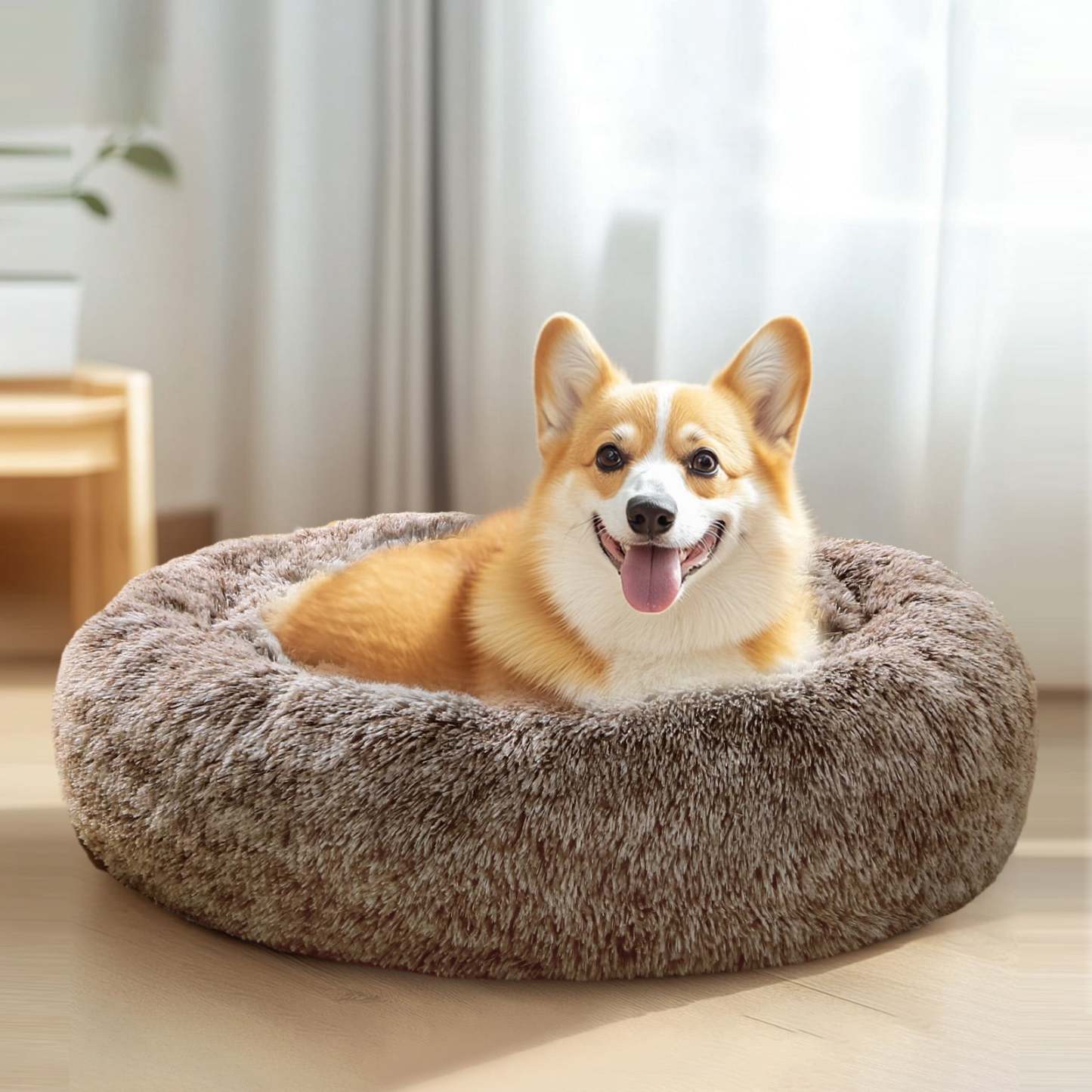 Sasttie Calming Donut Dog Bed, Washable Round Plush Faux Fur Pet Bed - 23 in / Smoke Brown