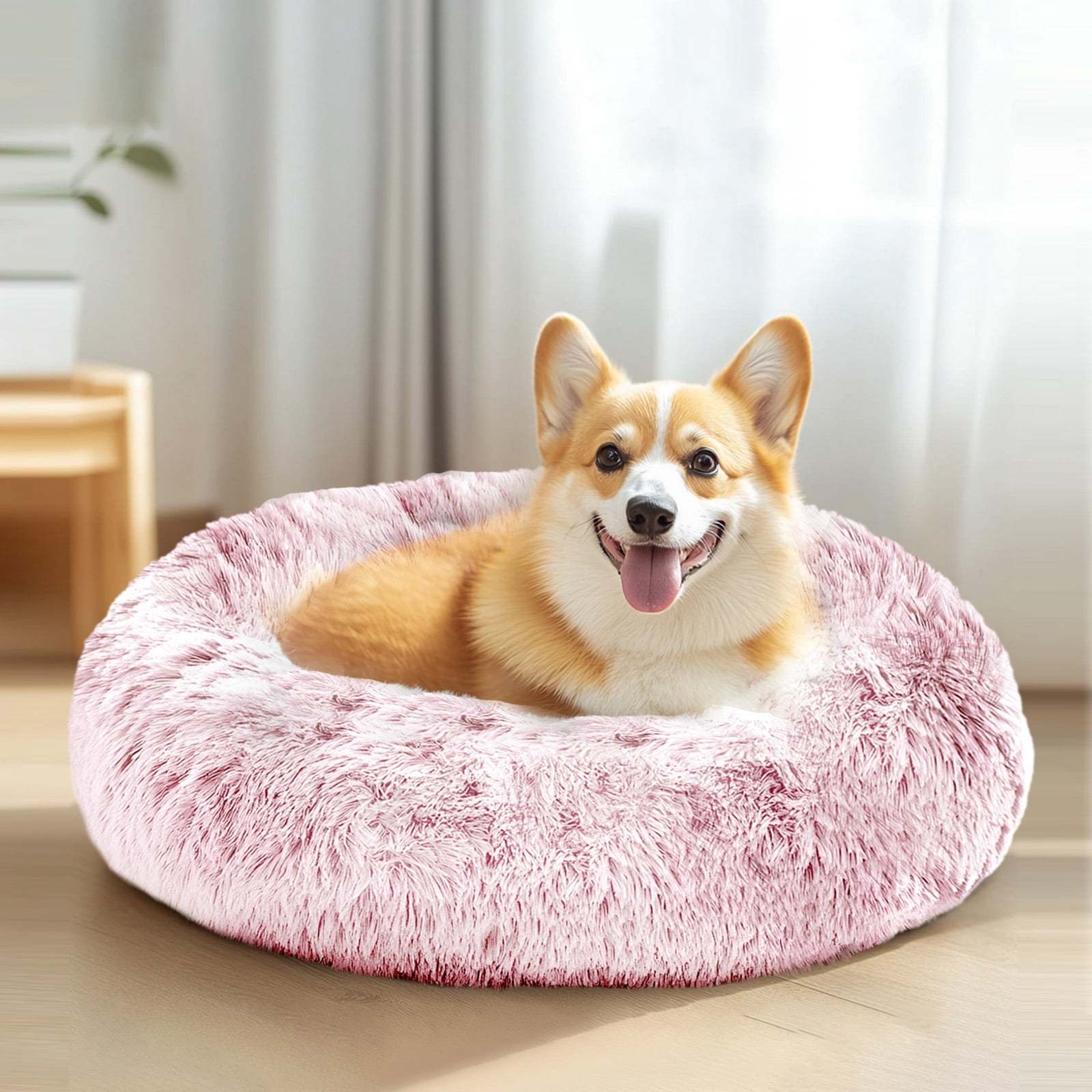 Sasttie Calming Donut Dog Bed, Washable Round Plush Faux Fur Pet Bed - 20 in / Smoke Pink