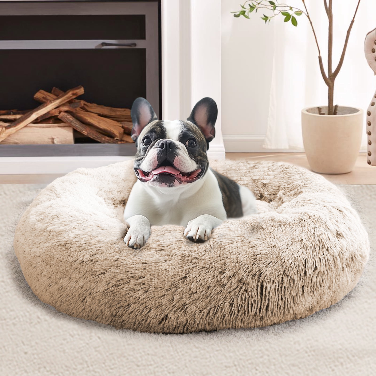 Sasttie Calming Donut Dog Bed, Washable Round Plush Faux Fur Pet Bed - 20 in / Cream Brown