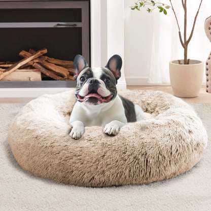 Sasttie Calming Donut Dog Bed, Washable Round Plush Faux Fur Pet Bed - 20 in / Cream Brown