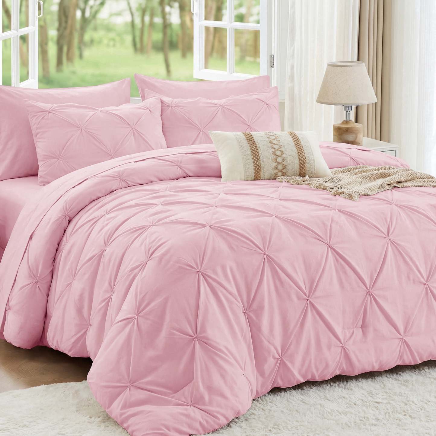 Sasttie 7-Piece Pintuck Comforter Set, Bed in a Bag, All-Season Bedding Set - Full / Baby Pink