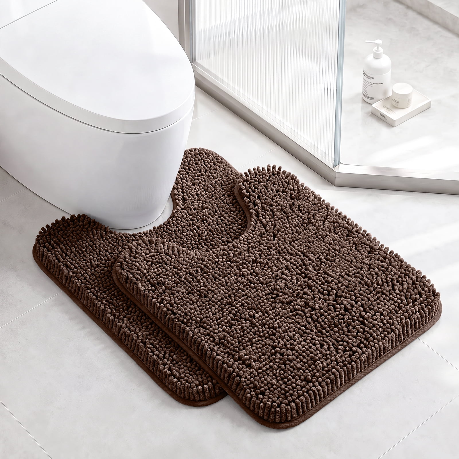 Sasttie Chenille Bathroom Rugs, Quick Dry Washable Bath Mats with Rubber Backing - 20" x 24" U-Shaped / Brown / 2 Pack