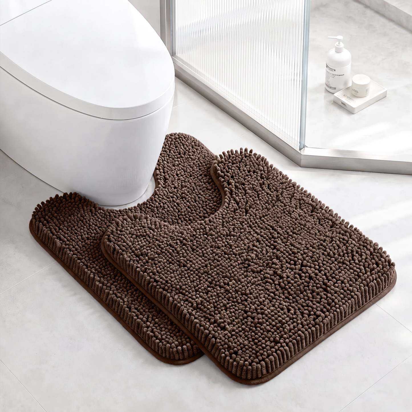 Sasttie Chenille Bathroom Rugs, Quick Dry Washable Bath Mats with Rubber Backing - 20" x 24" U-Shaped / Brown / 2 Pack