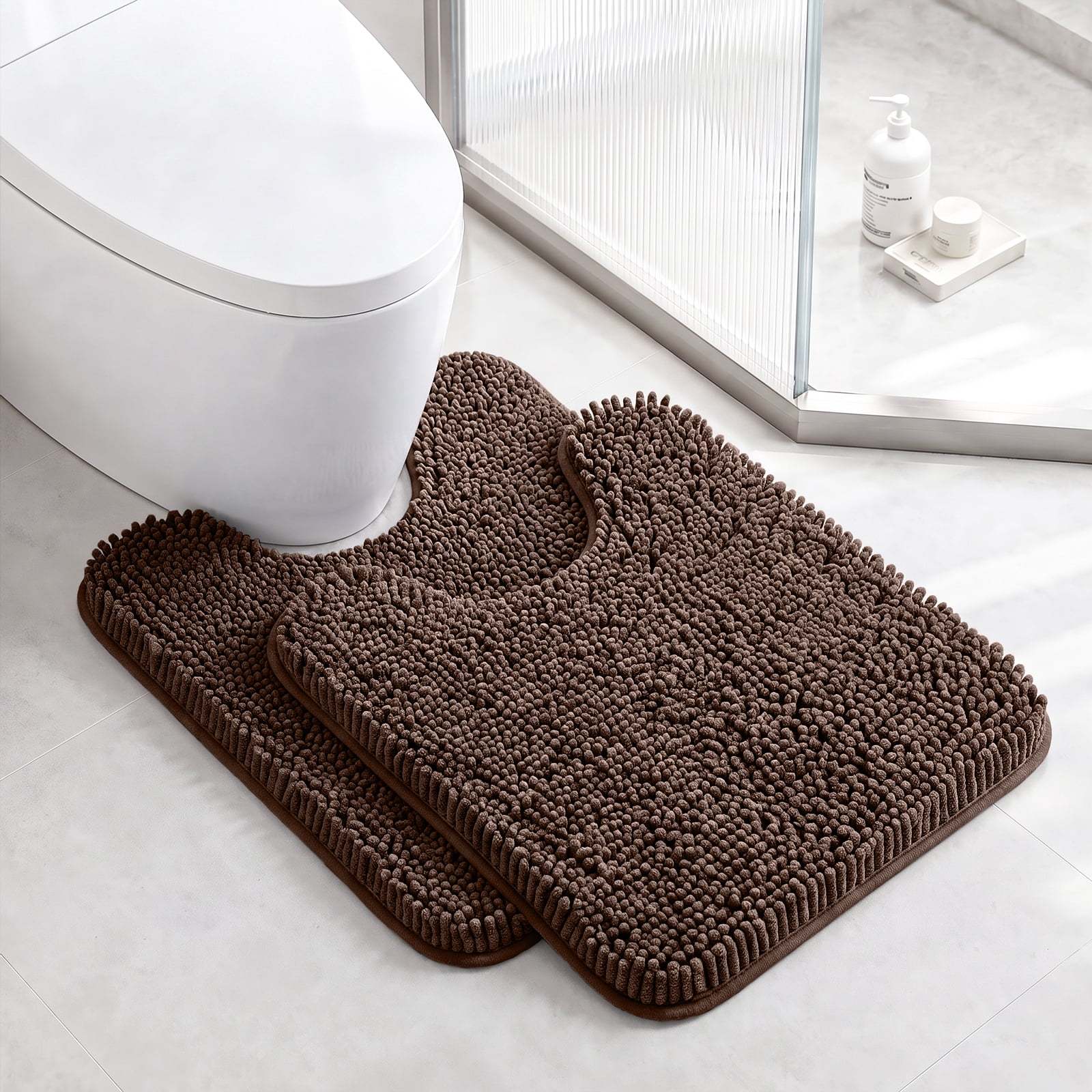 Sasttie Chenille Bathroom Rugs, Quick Dry Washable Bath Mats with Rubber Backing - 20" x 24" U-Shaped / Brown / 2 Pack