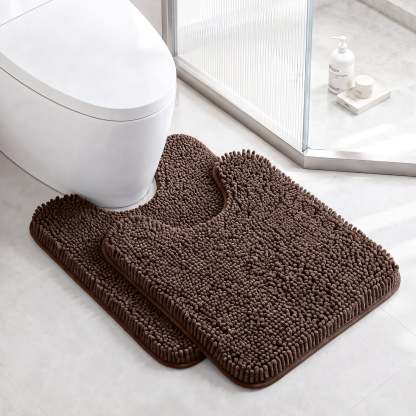 Sasttie Chenille Bathroom Rugs, Quick Dry Washable Bath Mats with Rubber Backing - 20" x 24" U-Shaped / Brown / 2 Pack