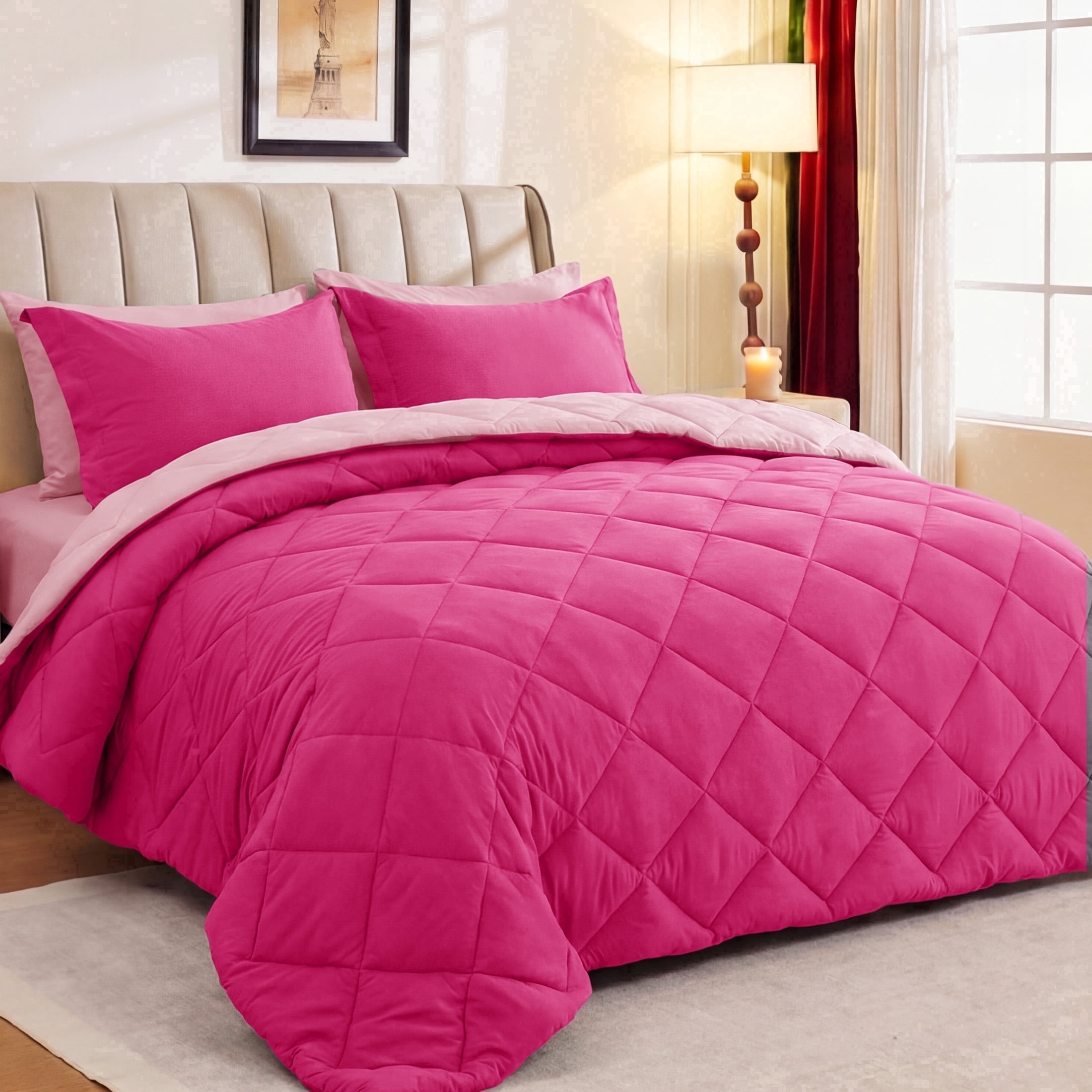 Sasttie 7-Piece Reversible Comforter Set, Bed in a Bag, All-Season Bedding Set - King / Hot Pink & Baby Pink