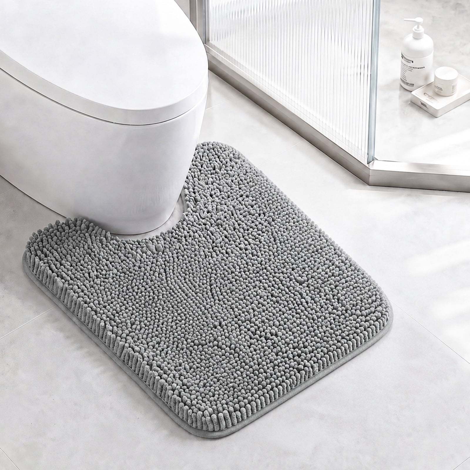 Sasttie Chenille Bathroom Rugs, Quick Dry Washable Bath Mats with Rubber Backing - 20" x 24" U-Shaped / Grey / 1 Pack