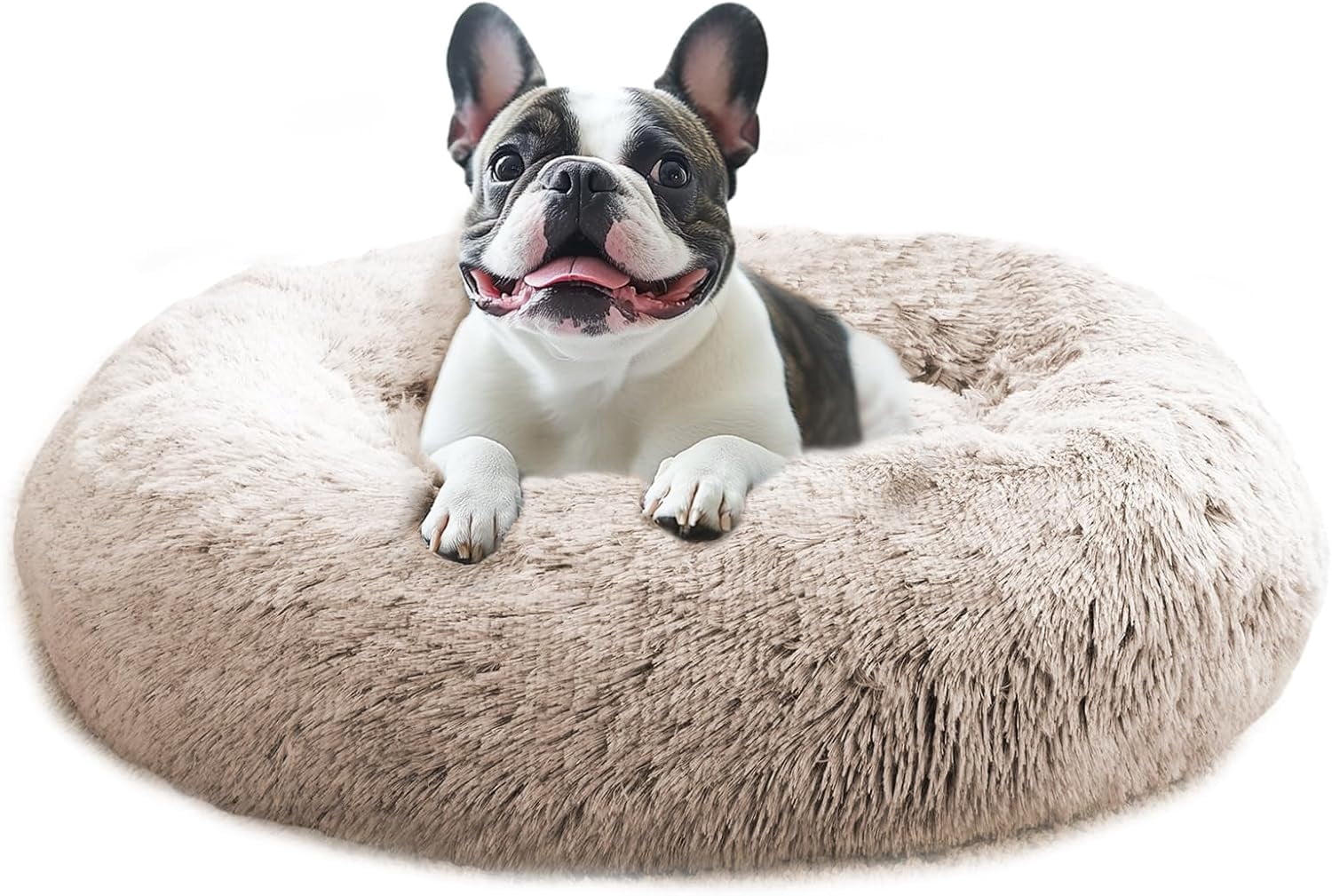 Sasttie Calming Donut Dog Bed, Washable Round Plush Faux Fur Pet Bed - 23 in / Cream Brown