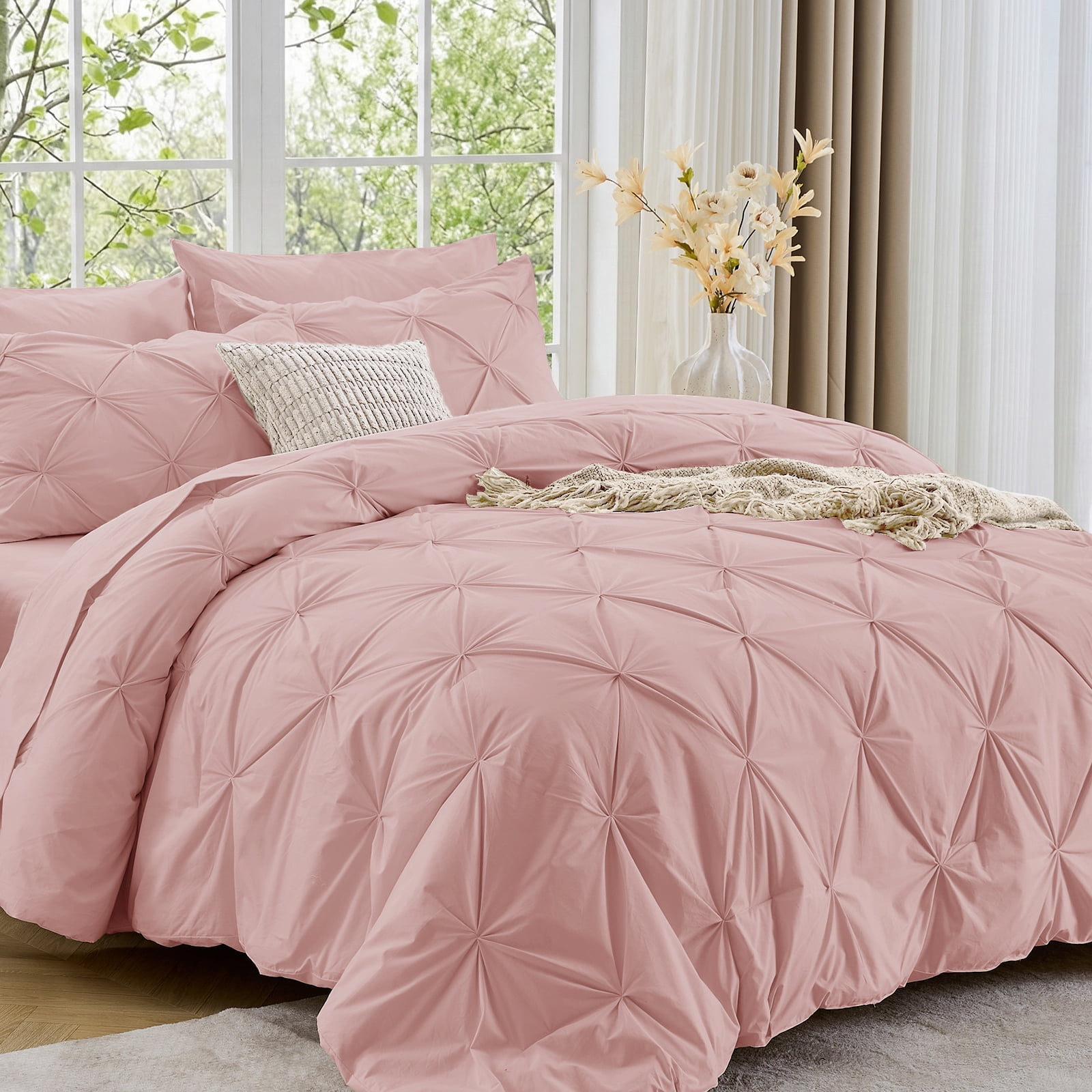 Sasttie 7-Piece Pintuck Comforter Set, Bed in a Bag, All-Season Bedding Set - Full / Rose Gold