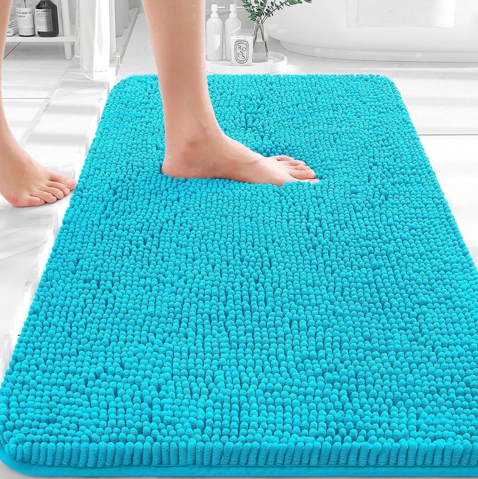 Sasttie Chenille Bathroom Rugs, Quick Dry Washable Bath Mats with Rubber Backing - 17" x 24" / Pine Green / 1 Pack