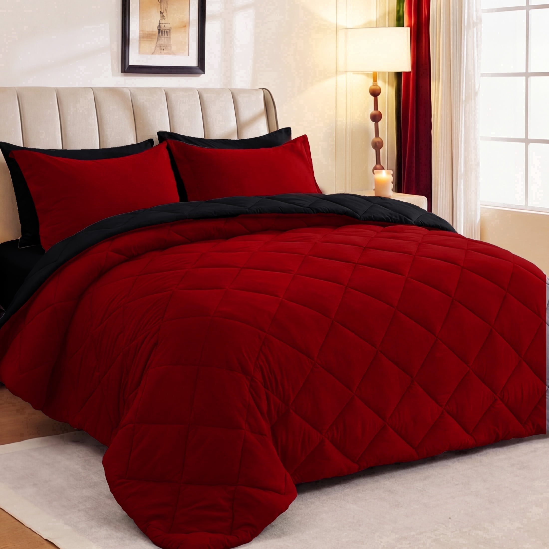 Sasttie 7-Piece Reversible Comforter Set, Bed in a Bag, All-Season Bedding Set - Queen / Red & Black
