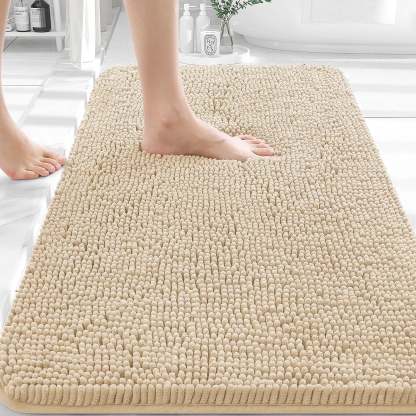 Sasttie Chenille Bathroom Rugs, Quick Dry Washable Bath Mats with Rubber Backing - 17" x 24" / Beige / 1 Pack