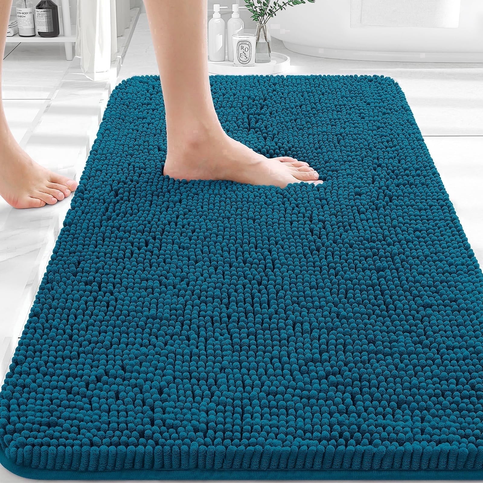 Sasttie Chenille Bathroom Rugs, Quick Dry Washable Bath Mats with Rubber Backing - 20" x 24" / Steel Blue / 2 Pack
