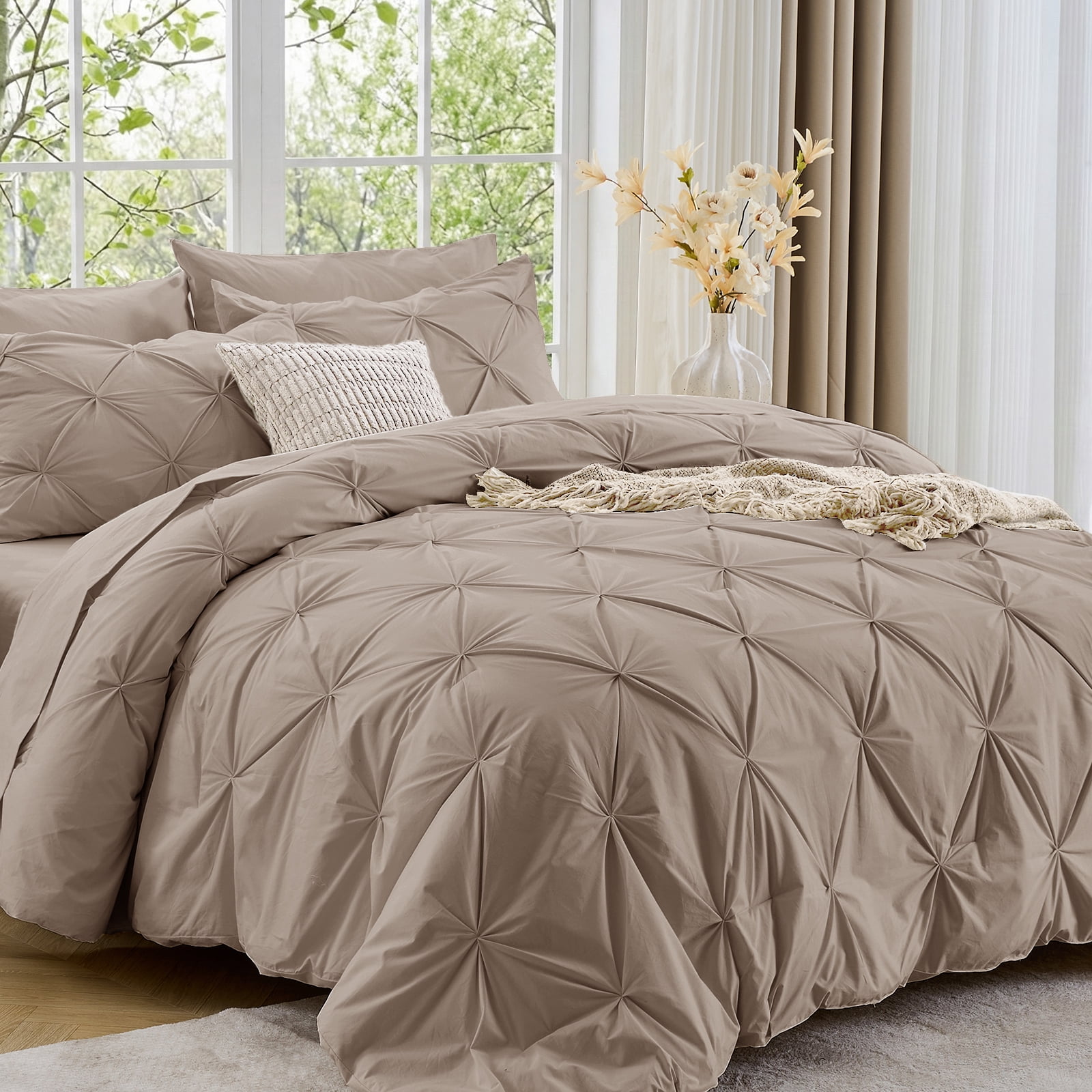 Sasttie 7-Piece Pintuck Comforter Set, Bed in a Bag, All-Season Bedding Set - Full / Dark Linen