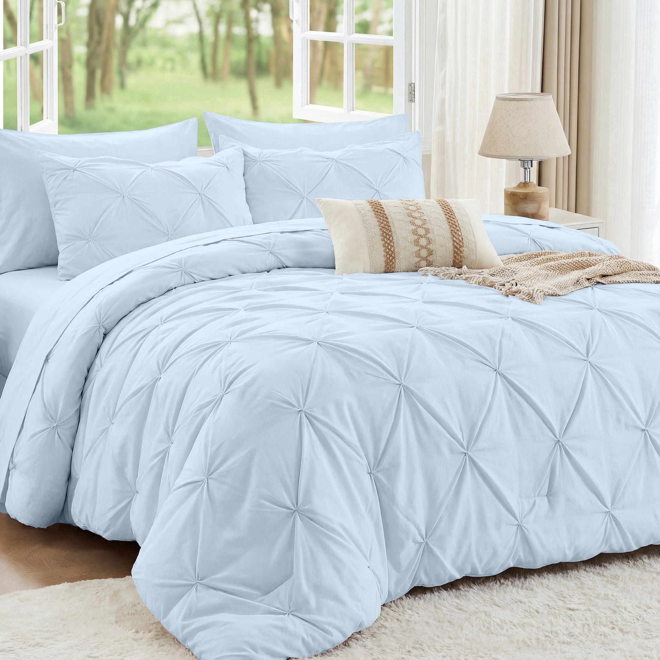 Sasttie 7-Piece Pintuck Comforter Set, Bed in a Bag, All-Season Bedding Set - Queen / Light Blue