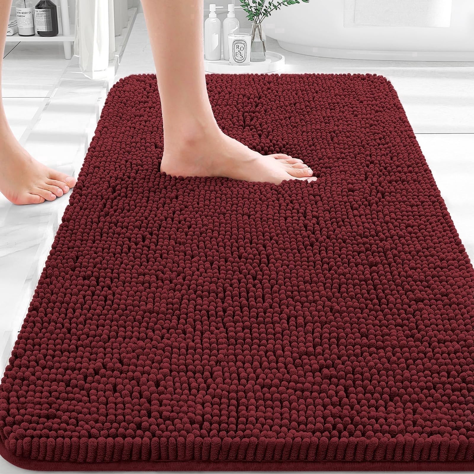 Sasttie Chenille Bathroom Rugs, Quick Dry Washable Bath Mats with Rubber Backing - 20" x 24" / Wine Red / 1 Pack