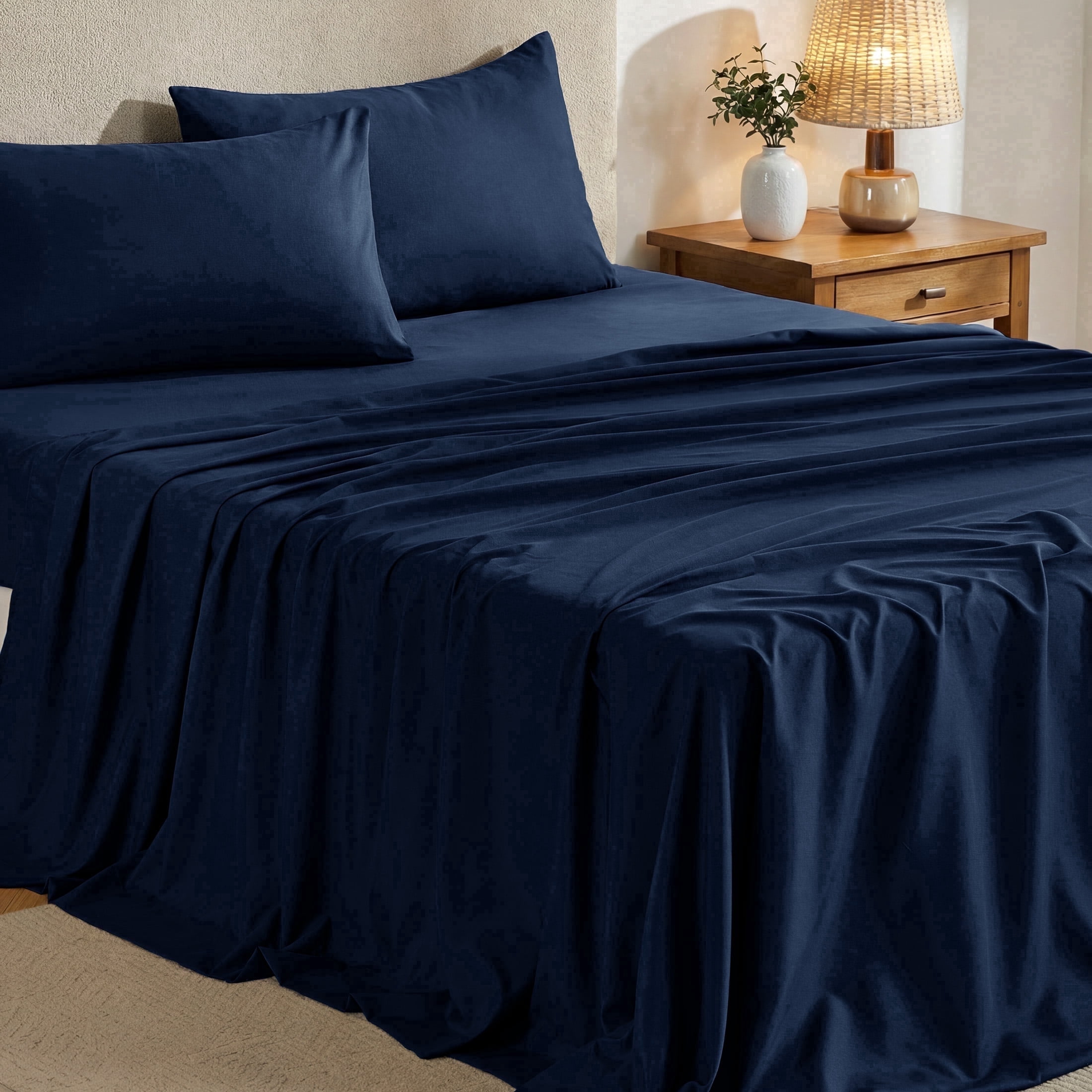 Sasttie 4-Piece Microfiber Bed Sheet Set, Deep Pocket Fitted Sheet & Pillowcases - Queen / Navy