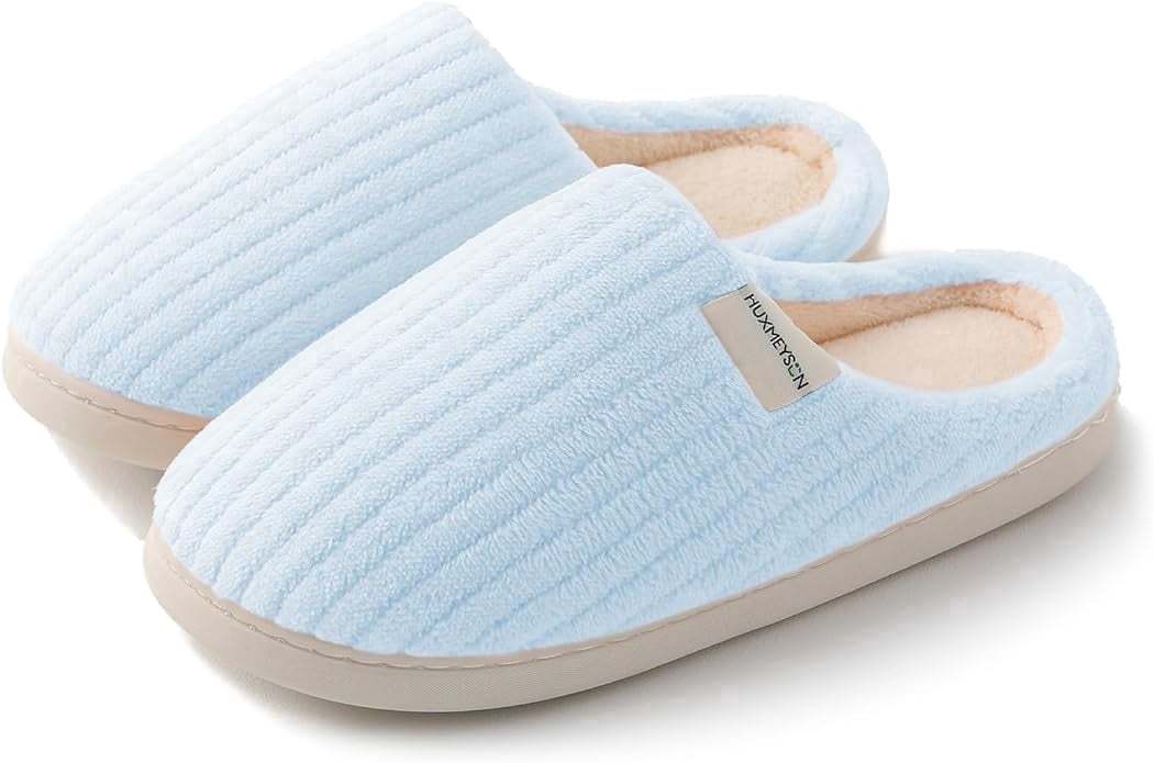Sasttie Women's Plush Memory Foam House Slippers with Anti-Skid Rubber Sole - 9-10 / Blue