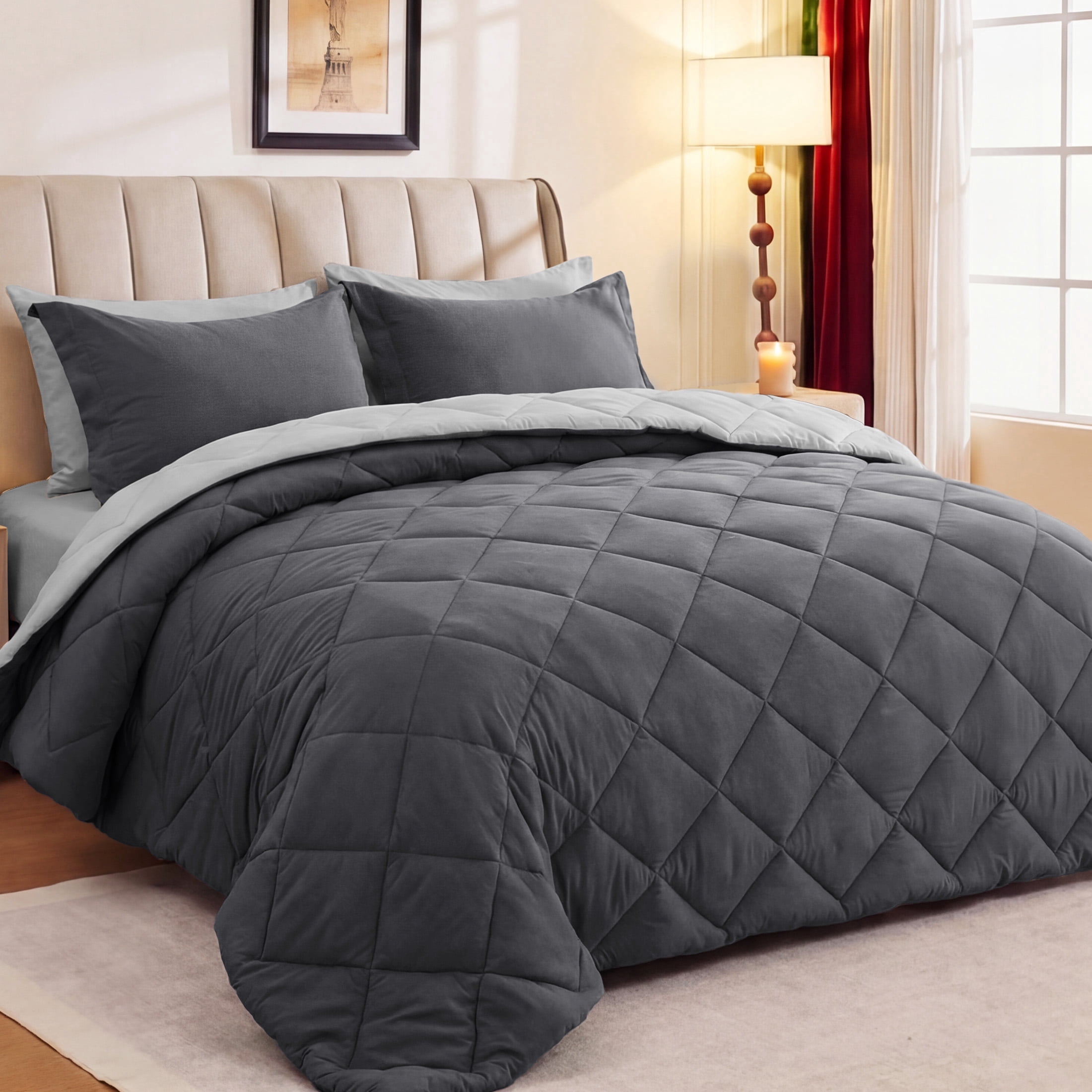 Sasttie 7-Piece Reversible Comforter Set, Bed in a Bag, All-Season Bedding Set - King / Dark Grey & Light Grey