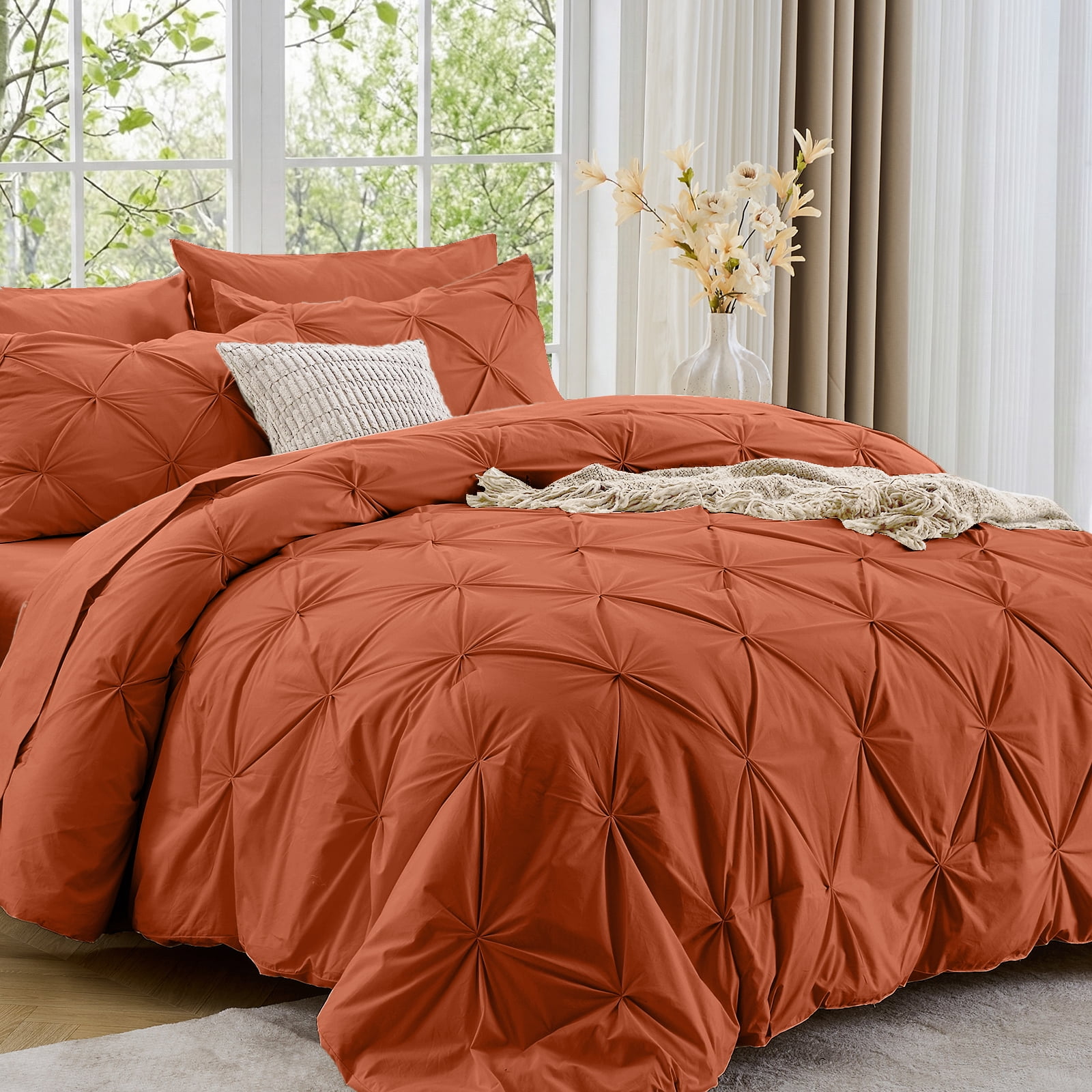 Sasttie 7-Piece Pintuck Comforter Set, Bed in a Bag, All-Season Bedding Set - Queen / Burnt Orange