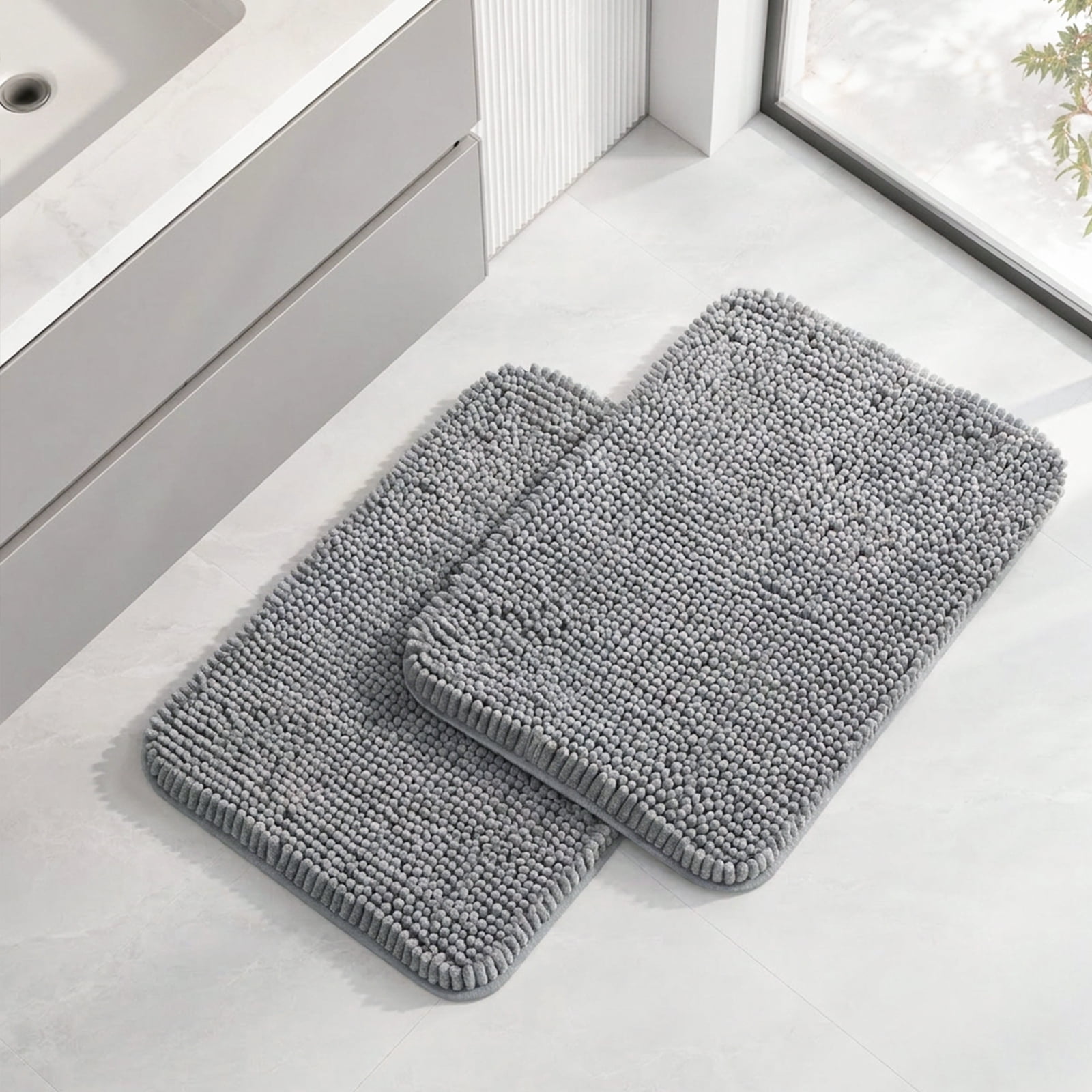 Sasttie Chenille Bathroom Rugs, Quick Dry Washable Bath Mats with Rubber Backing - 17" x 24" / Grey / 2 Pack