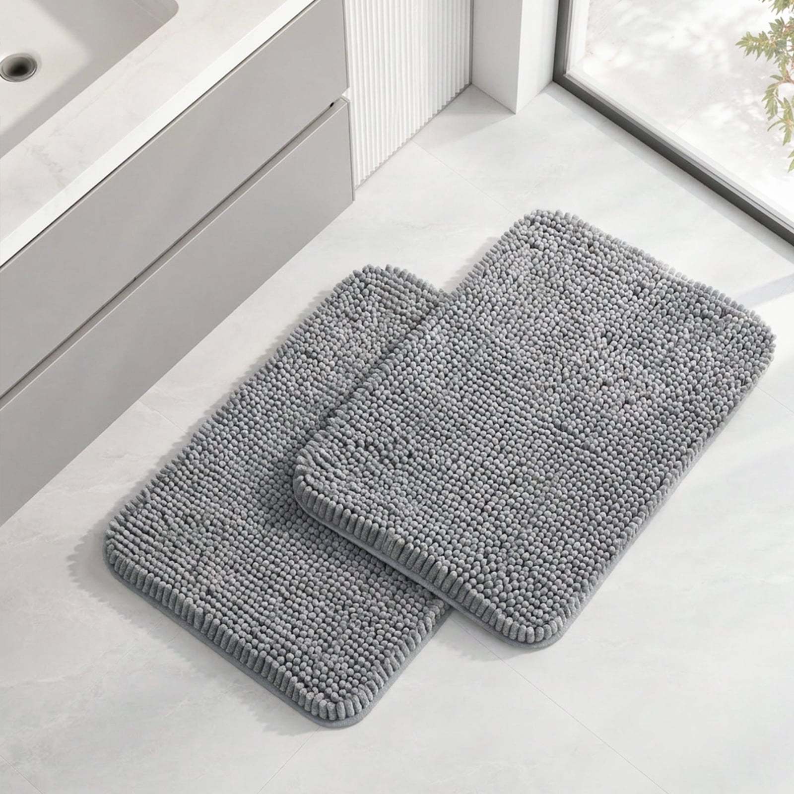 Sasttie Chenille Bathroom Rugs, Quick Dry Washable Bath Mats with Rubber Backing - 17" x 24" / Grey / 2 Pack