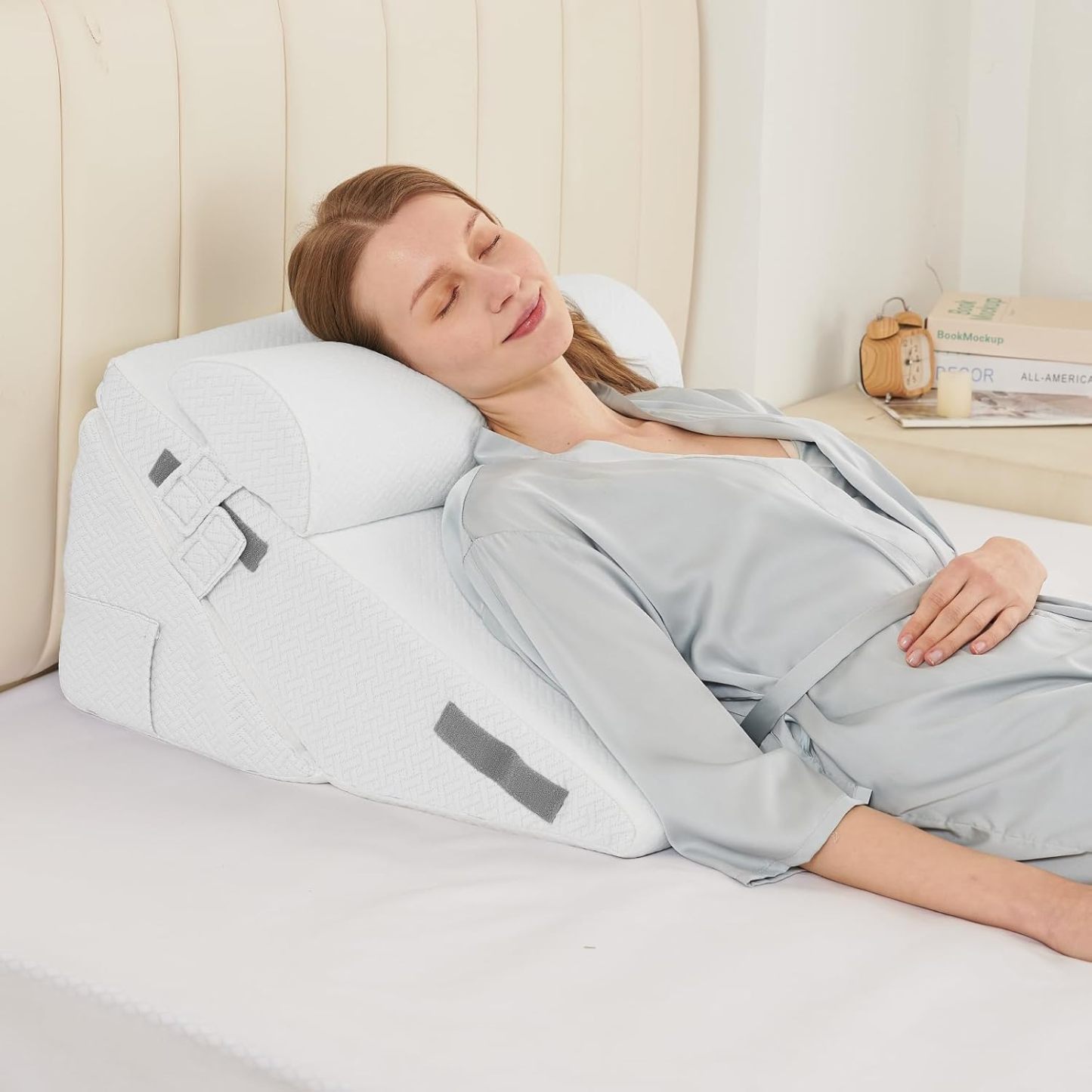 Sasttie Adjustable Wedge Pillow Set for After Surgery, Dark Grey & White | Bed Wedge Pillow Headboard with Memory Foam Neck Cushion, for Acid Reflux, Sleeping, Neck & Back Support
