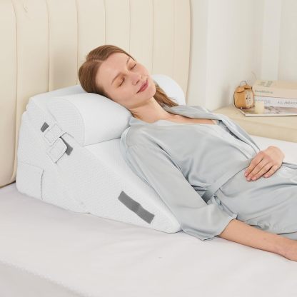 Sasttie Adjustable Wedge Pillow Set for After Surgery, Dark Grey & White | Bed Wedge Pillow Headboard with Memory Foam Neck Cushion, for Acid Reflux, Sleeping, Neck & Back Support