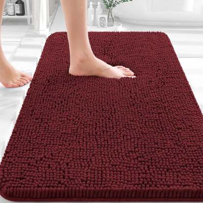 Sasttie Chenille Bathroom Rugs, Quick Dry Washable Bath Mats with Rubber Backing - 20" x 24" U-Shaped / Wine Red / 1 Pack