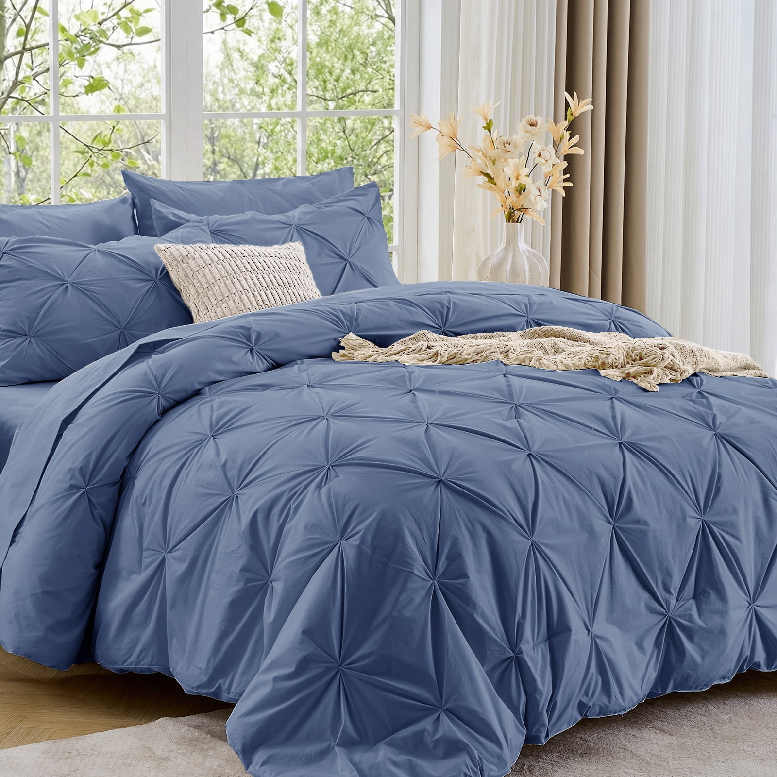 Sasttie 7-Piece Pintuck Comforter Set, Bed in a Bag, All-Season Bedding Set - Full / Slate Blue