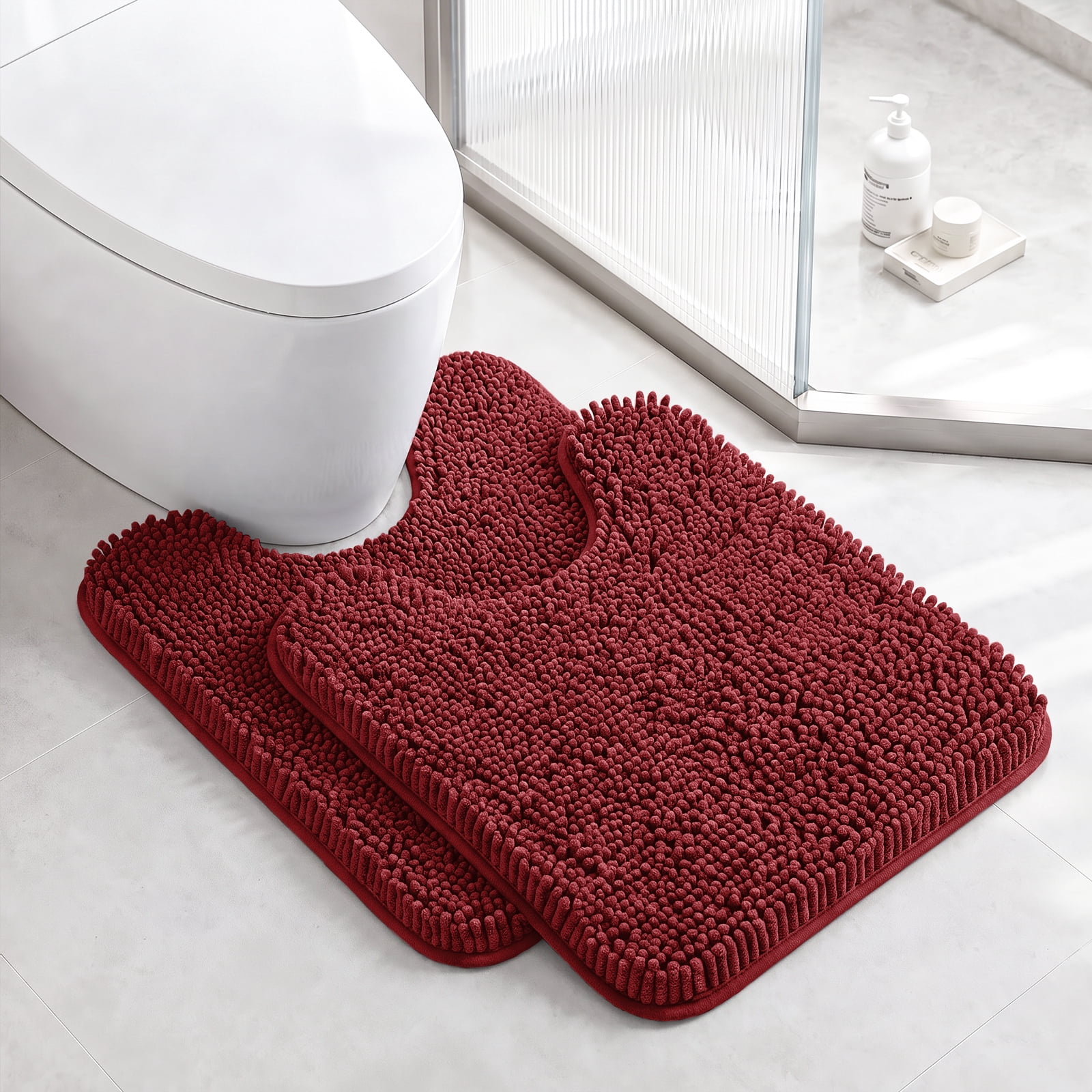 Sasttie Chenille Bathroom Rugs, Quick Dry Washable Bath Mats with Rubber Backing - 20" x 24" U-Shaped / Wine Red / 2 Pack