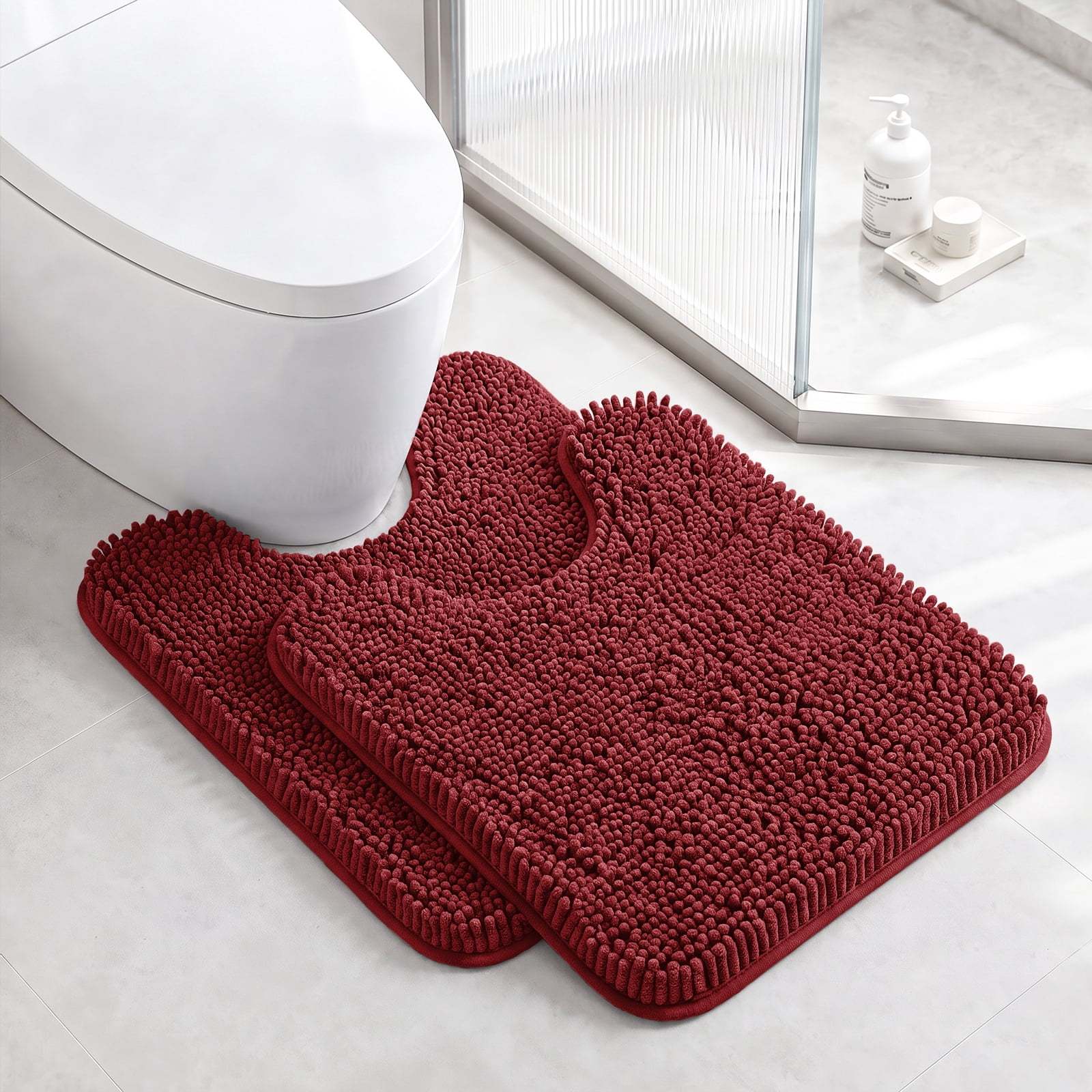 Sasttie Chenille Bathroom Rugs, Quick Dry Washable Bath Mats with Rubber Backing - 20" x 24" U-Shaped / Wine Red / 2 Pack