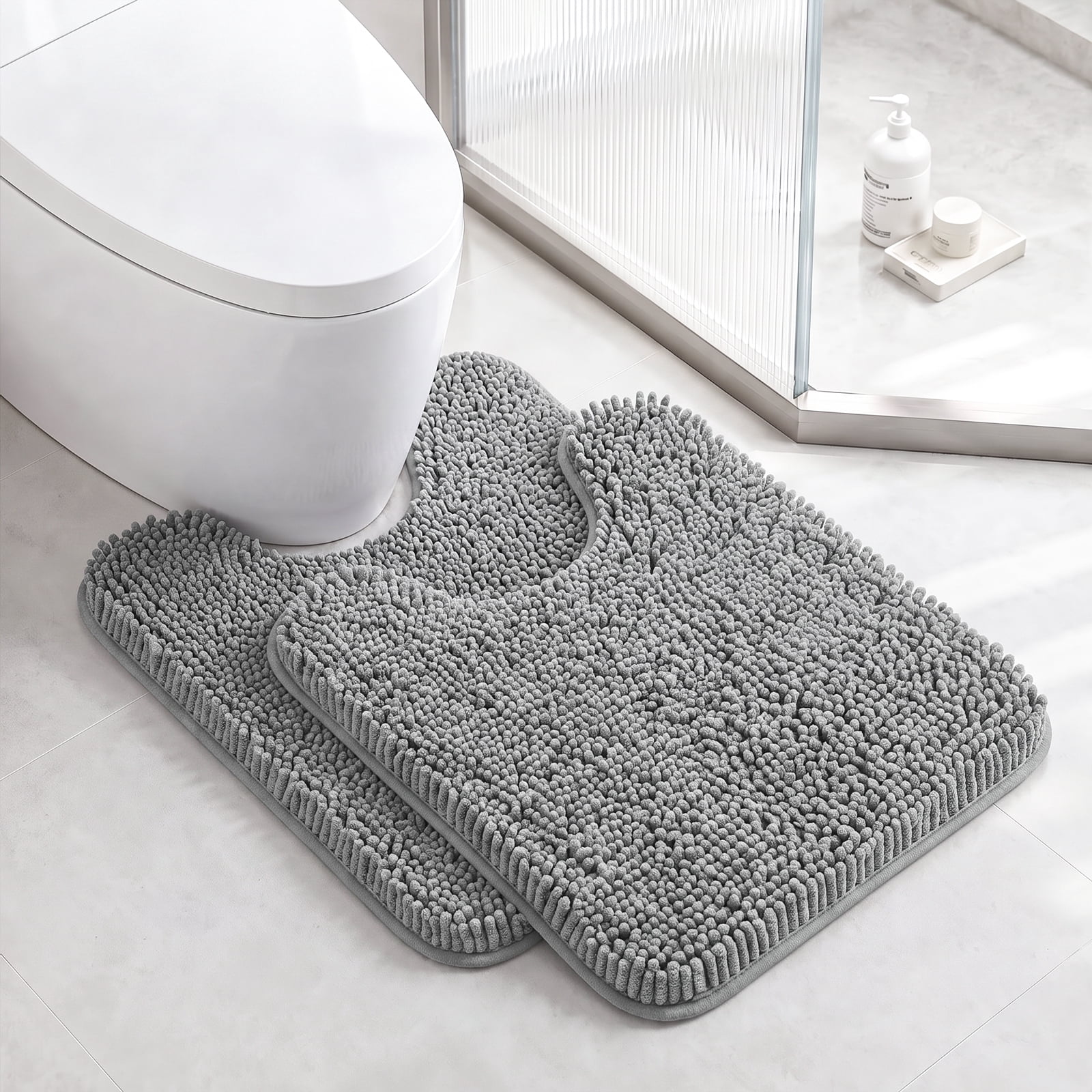 Sasttie Chenille Bathroom Rugs, Quick Dry Washable Bath Mats with Rubber Backing - 20" x 24" U-Shaped / Grey / 2 Pack