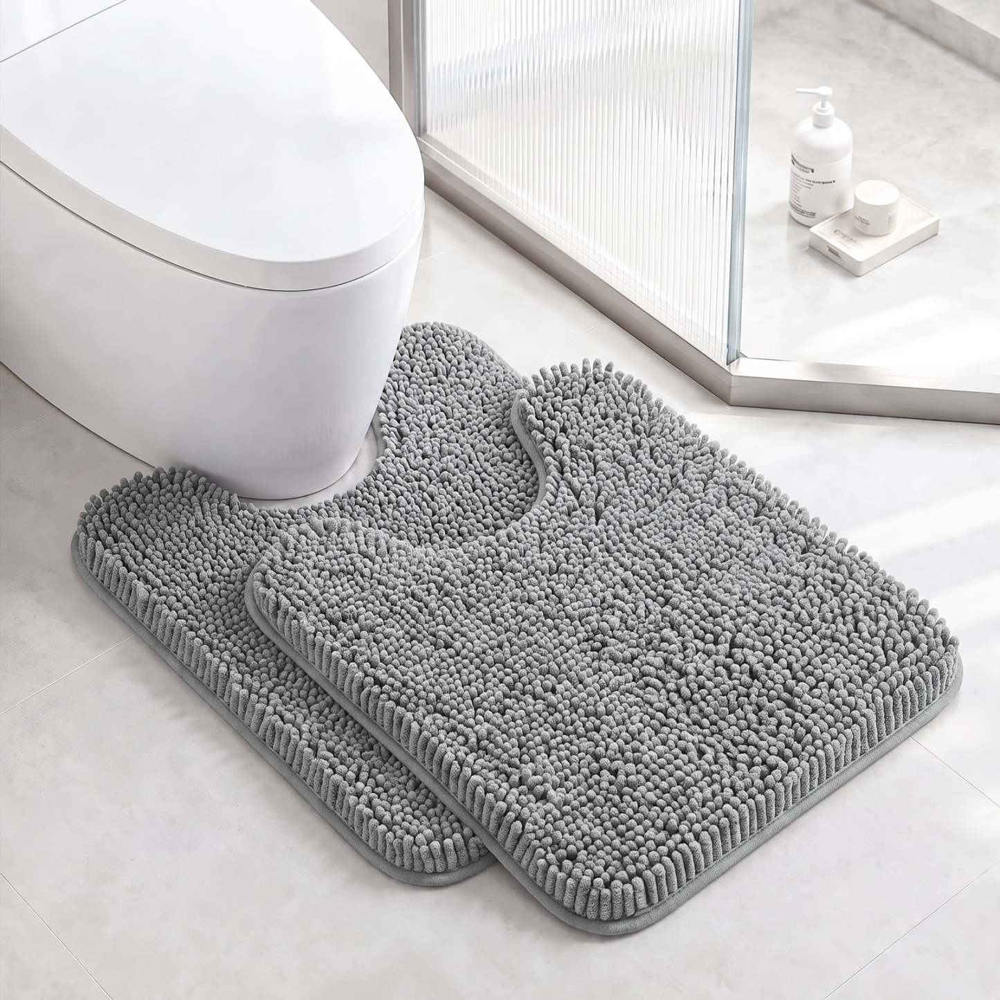 Sasttie Chenille Bathroom Rugs, Quick Dry Washable Bath Mats with Rubber Backing - 20" x 24" U-Shaped / Grey / 2 Pack