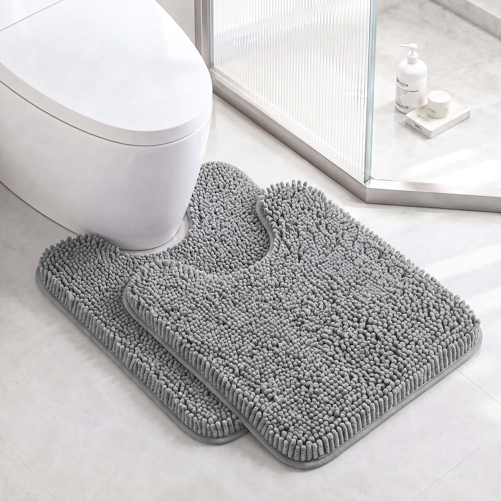 Sasttie Chenille Bathroom Rugs, Quick Dry Washable Bath Mats with Rubber Backing - 20" x 24" U-Shaped / Grey / 2 Pack