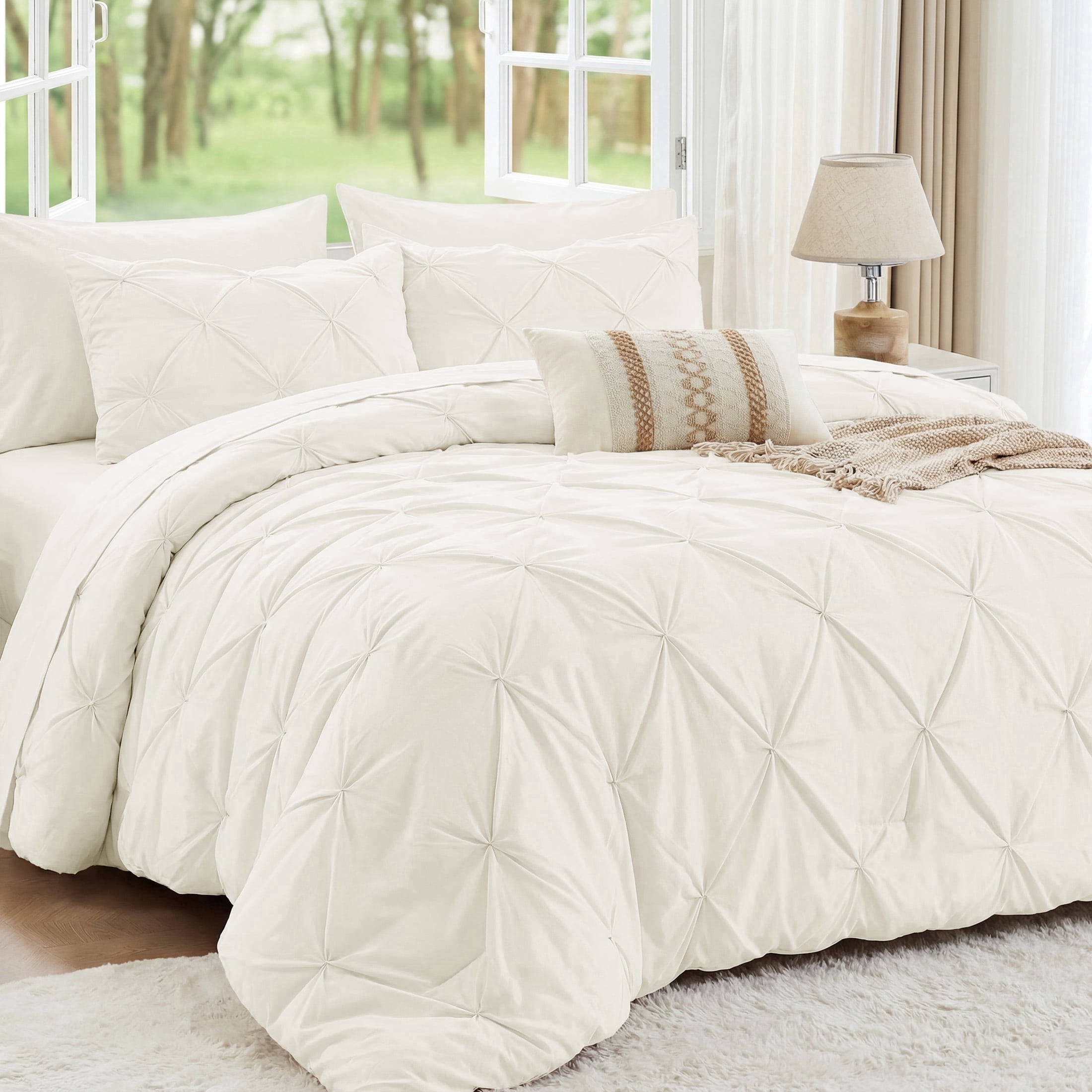 Sasttie 7-Piece Pintuck Comforter Set, Bed in a Bag, All-Season Bedding Set - Full / Ivory