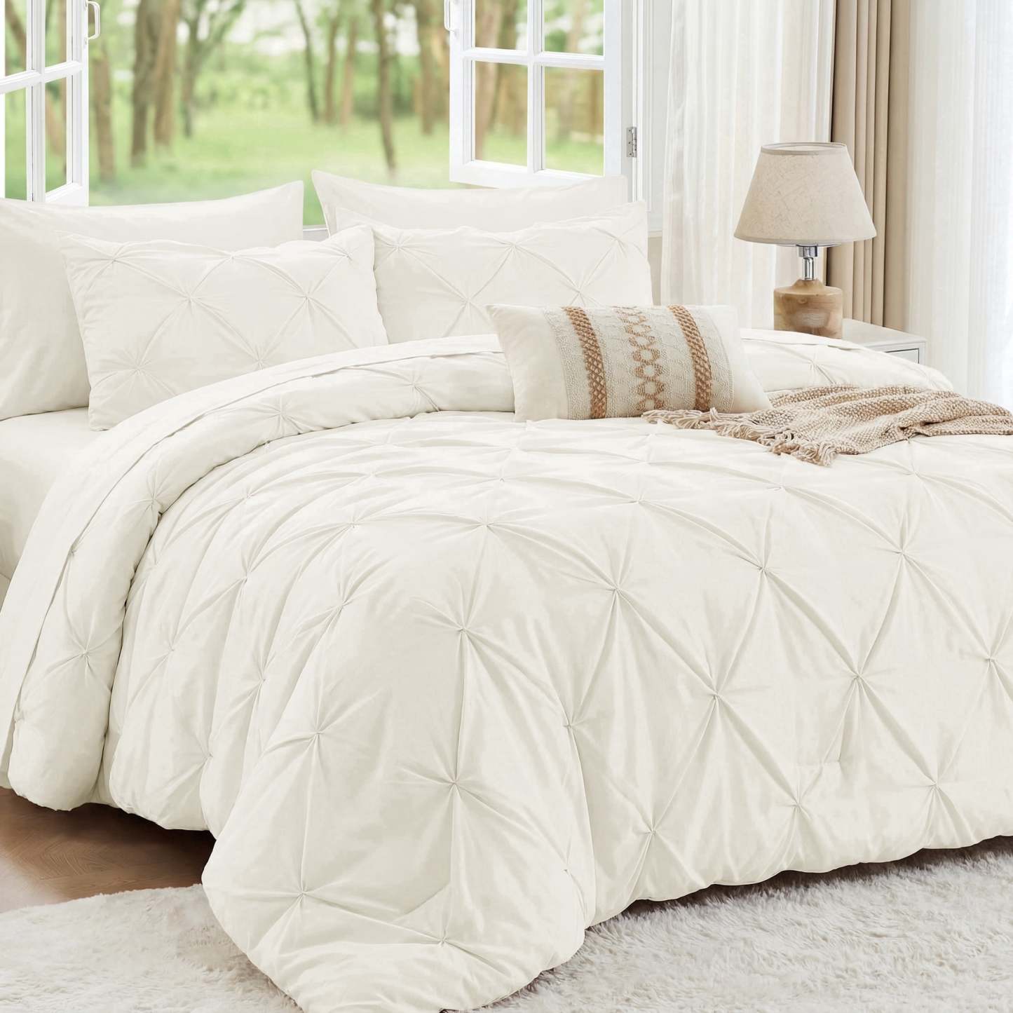 Sasttie 7-Piece Pintuck Comforter Set, Bed in a Bag, All-Season Bedding Set - Full / Ivory