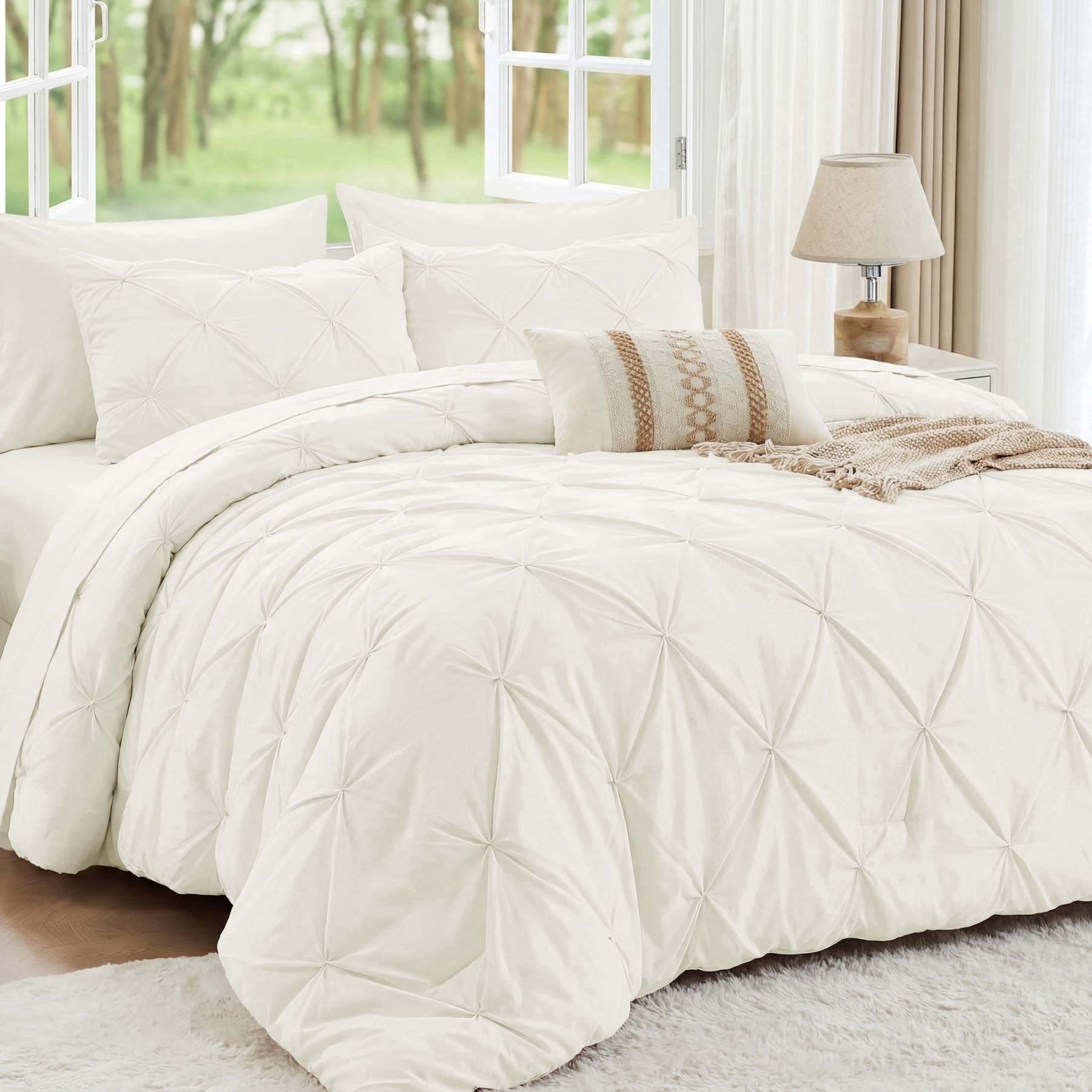 Sasttie 7-Piece Pintuck Comforter Set, Bed in a Bag, All-Season Bedding Set - Full / Ivory