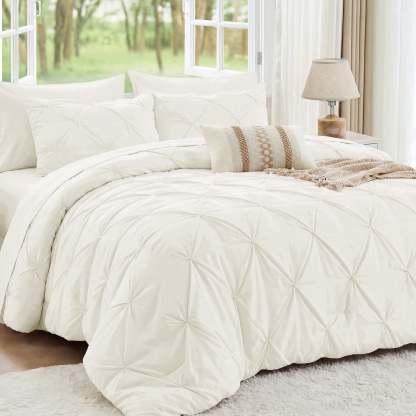 Sasttie 7-Piece Pintuck Comforter Set, Bed in a Bag, All-Season Bedding Set - Full / Ivory