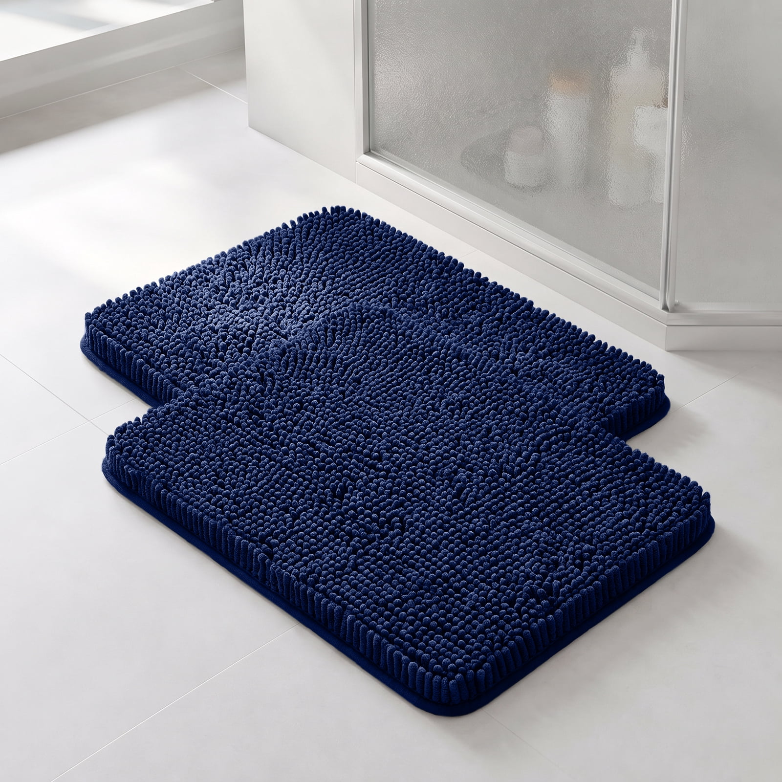 Sasttie Chenille Bathroom Rugs, Quick Dry Washable Bath Mats with Rubber Backing - 20" x 24" / Navy / 2 Pack