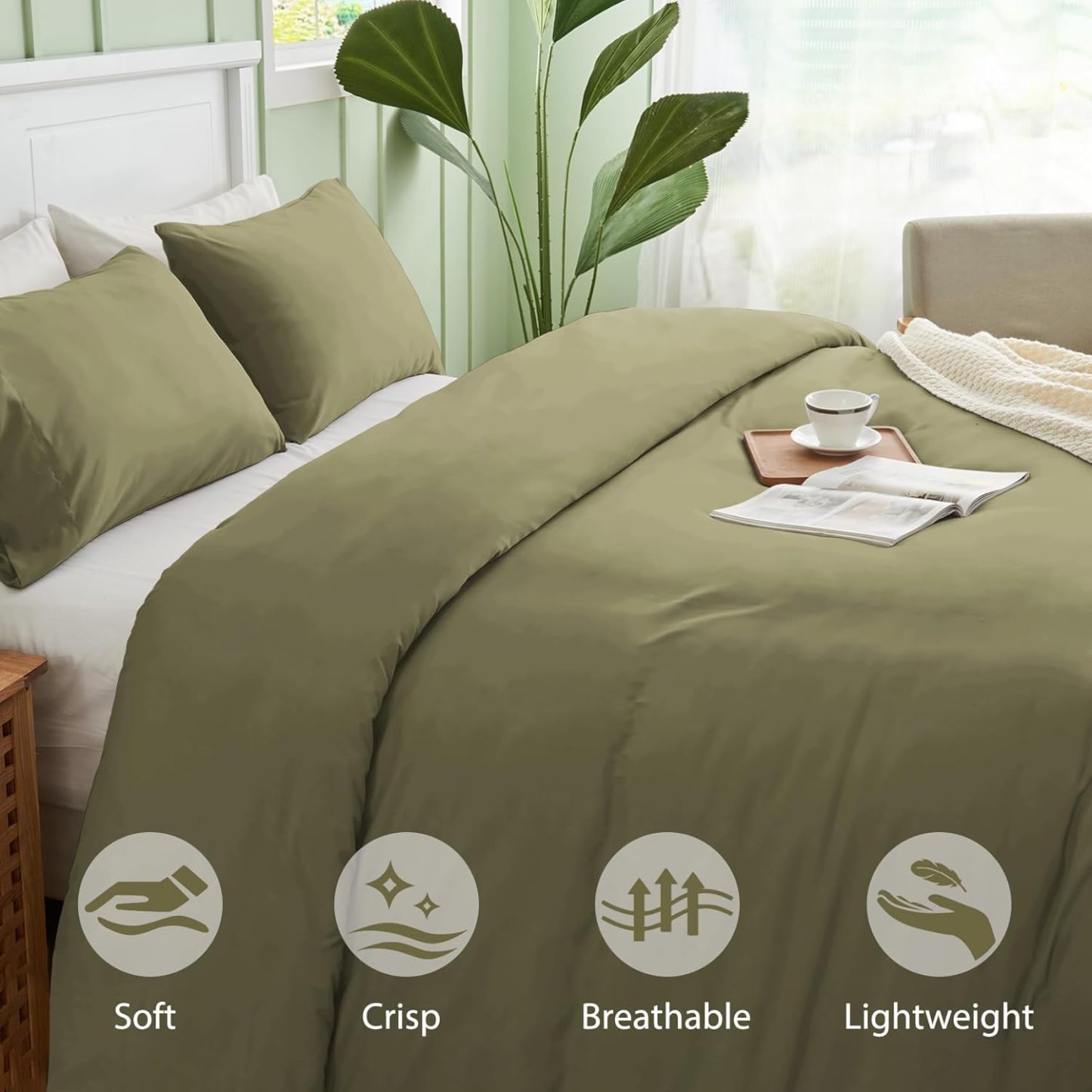 Sasttie Duvet Cover Twin/Twin XL Size, Double Brushed Twin/Twin XL Duvet Cover, 3-Piece Duvet Cover Set Includes 1 Duvet Cover (68x90) and 1 Pillowcase (20x26) with Zipper Closure, Olive