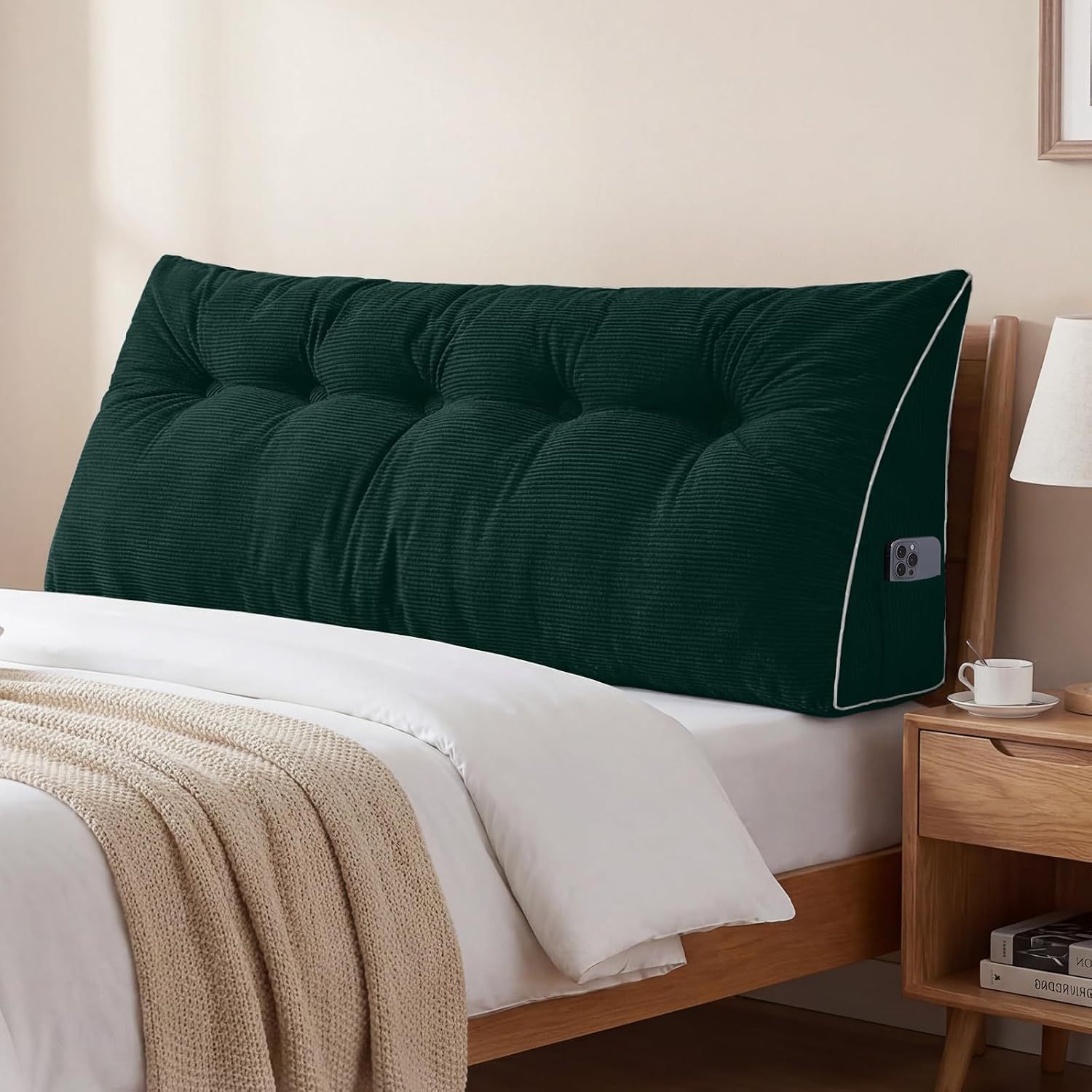 Sasttie Headboard Pillow Queen, Wedge Pillow Headboard, Dark Grey | Triangle Backrest Cushion for Sitting or Reading in Bed, Dorm Essentials, OEKO-TEX, Down Alternative Fill, Side Pockets