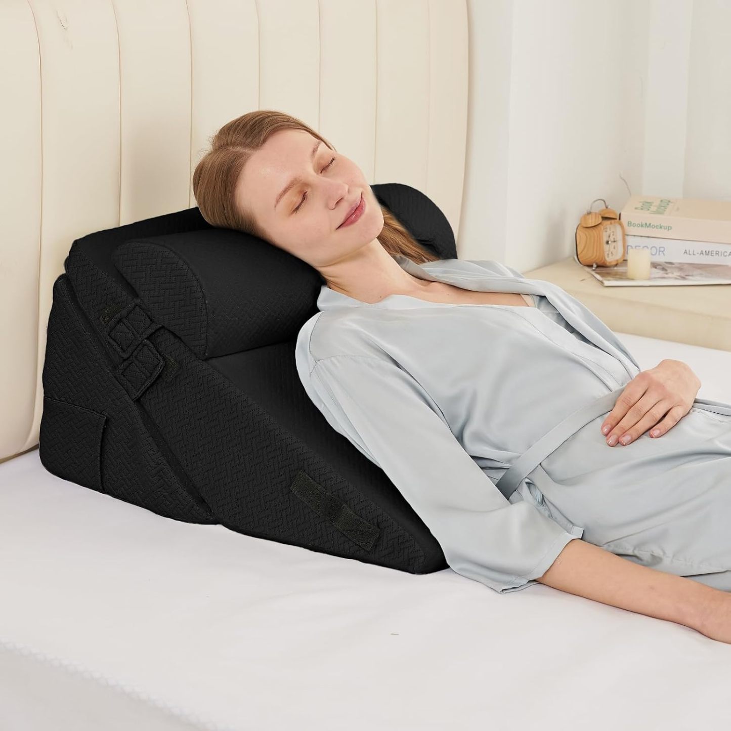 Sasttie Adjustable Wedge Pillow Set for After Surgery, Dark Grey & White | Bed Wedge Pillow Headboard with Memory Foam Neck Cushion, for Acid Reflux, Sleeping, Neck & Back Support