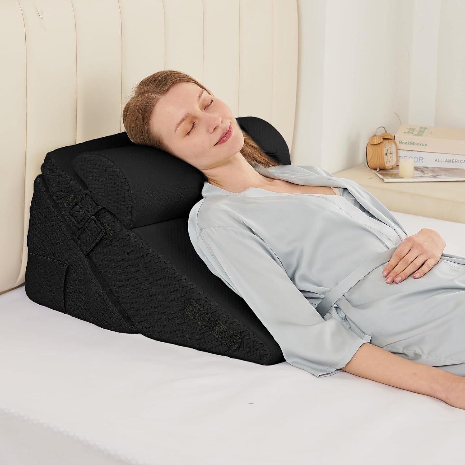 Sasttie Adjustable Wedge Pillow Set for After Surgery, Dark Grey & White | Bed Wedge Pillow Headboard with Memory Foam Neck Cushion, for Acid Reflux, Sleeping, Neck & Back Support