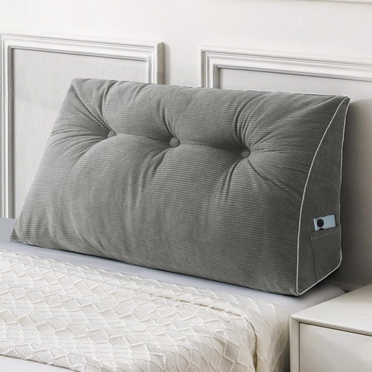 Sasttie Headboard Pillow Queen, Wedge Pillow Headboard, Dark Grey | Triangle Backrest Cushion for Sitting or Reading in Bed, Dorm Essentials, OEKO-TEX, Down Alternative Fill, Side Pockets