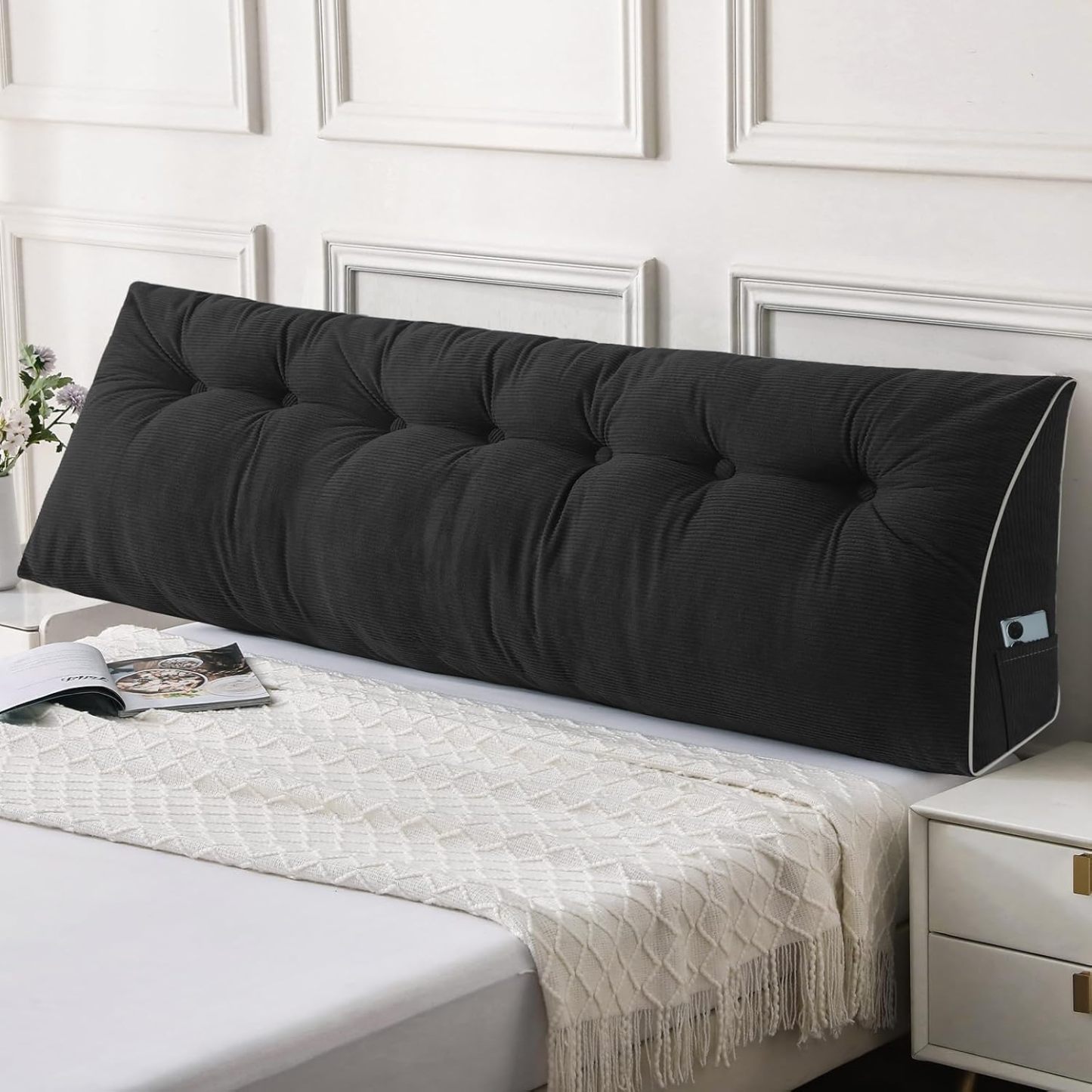 Sasttie Headboard Pillow Queen, Wedge Pillow Headboard, Dark Grey | Triangle Backrest Cushion for Sitting or Reading in Bed, Dorm Essentials, OEKO-TEX, Down Alternative Fill, Side Pockets