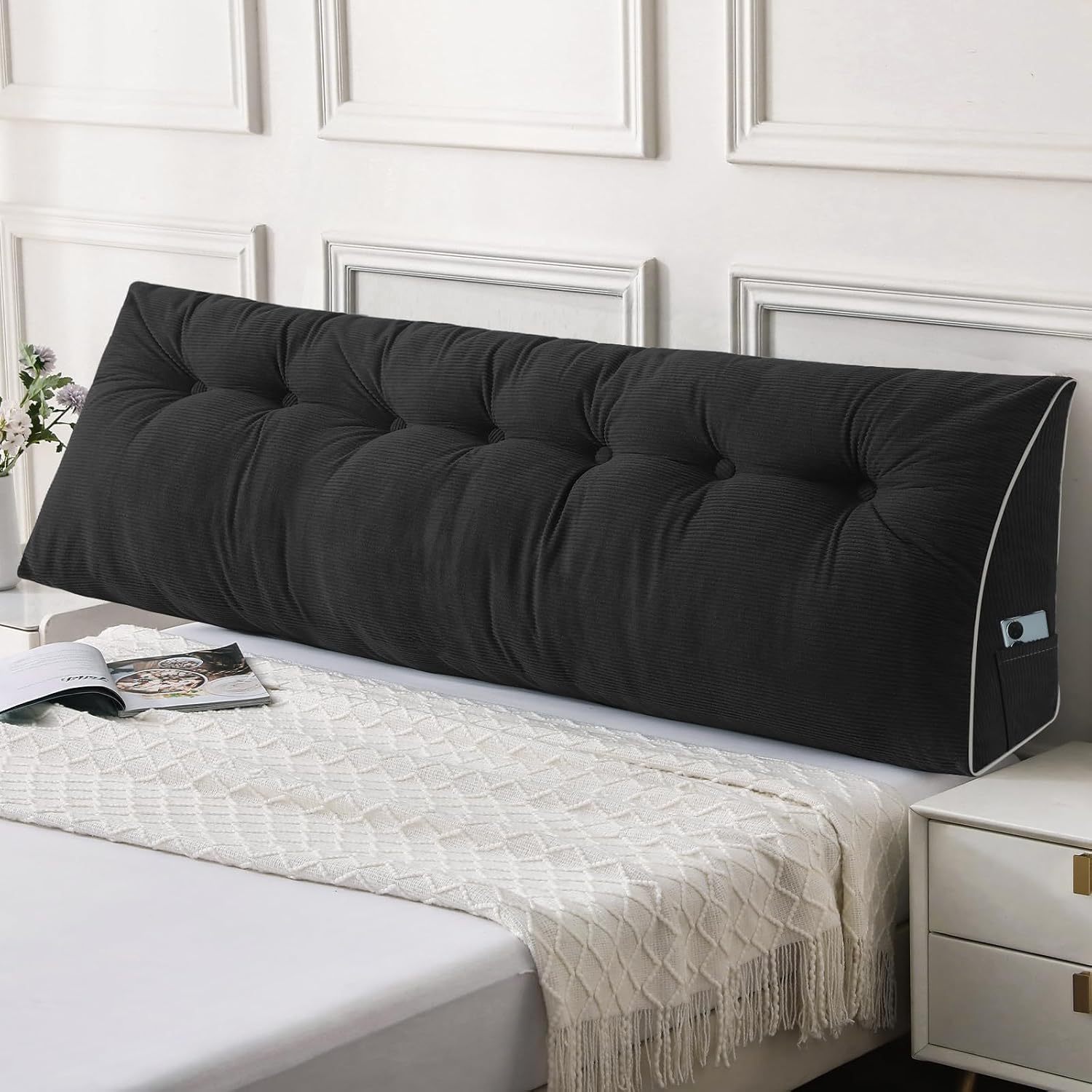 Sasttie Headboard Pillow Queen, Wedge Pillow Headboard, Dark Grey | Triangle Backrest Cushion for Sitting or Reading in Bed, Dorm Essentials, OEKO-TEX, Down Alternative Fill, Side Pockets